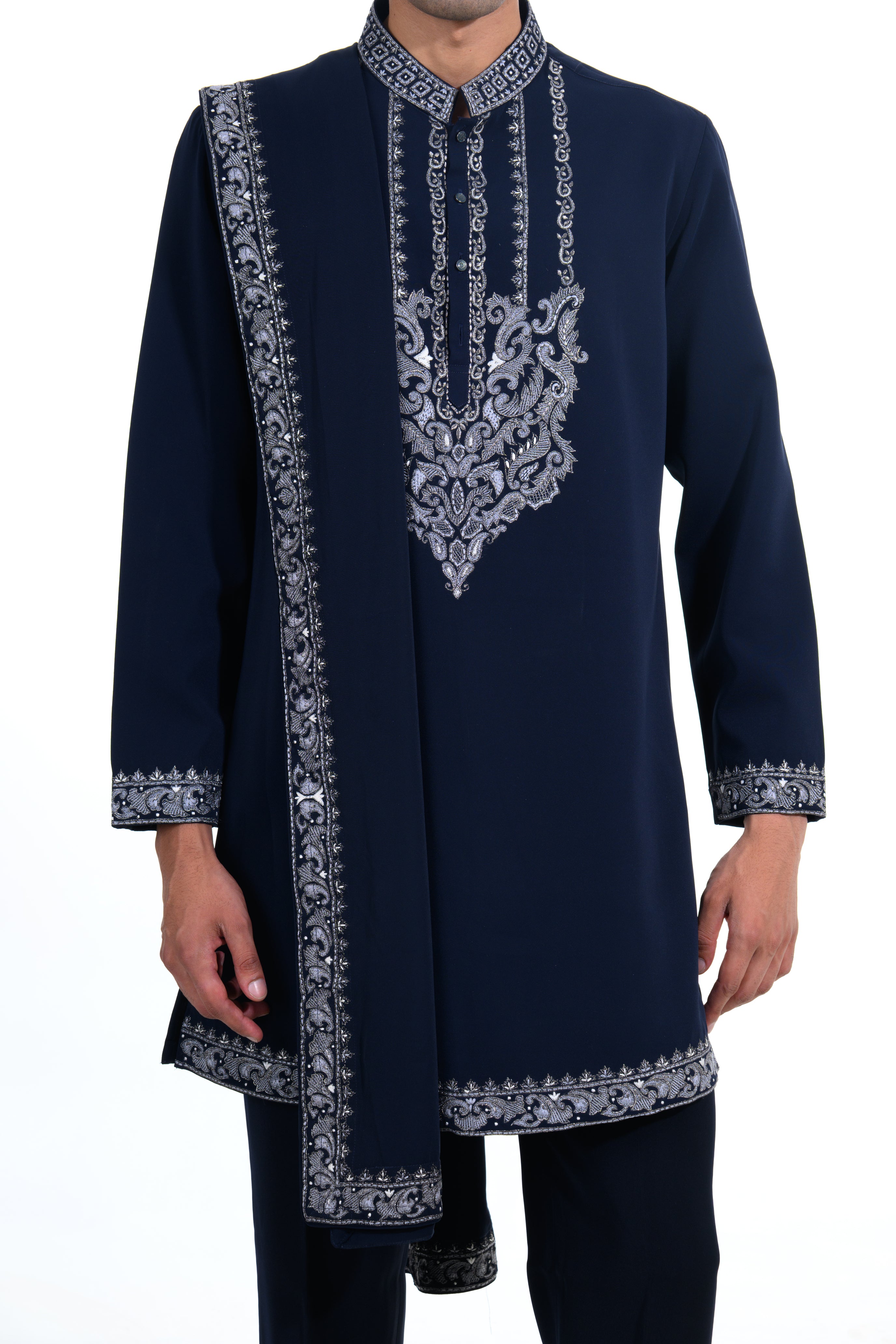 Midnight Navy Embroidered Kurta Set with Stole