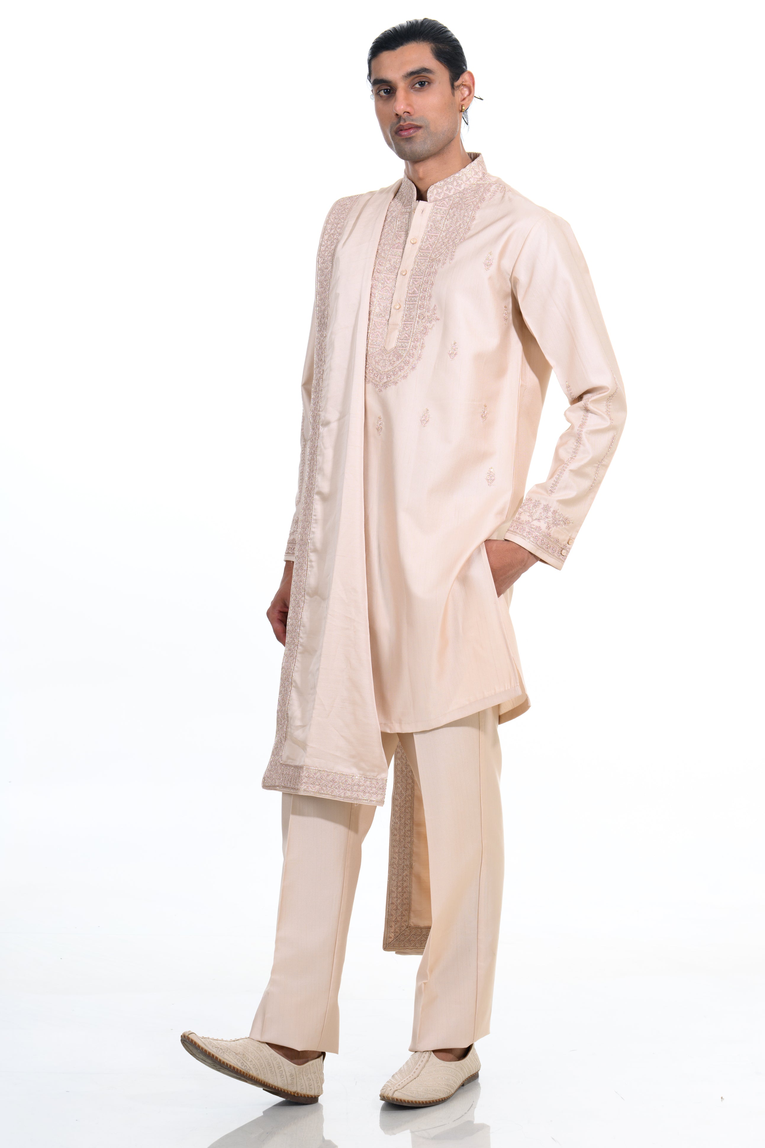 Champagne Ivory Embroidered Kurta Set with Stole