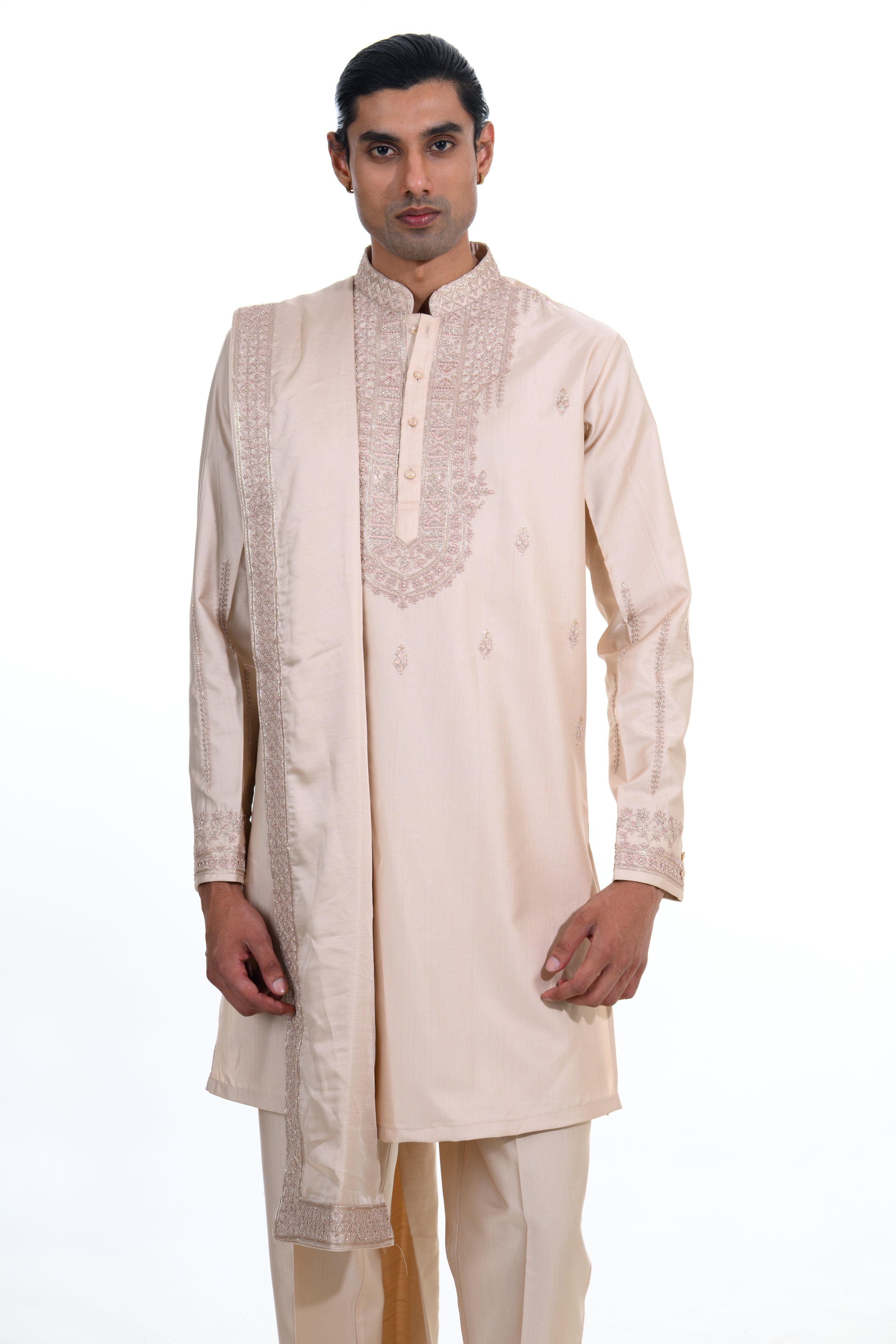 Champagne Ivory Embroidered Kurta Set with Stole