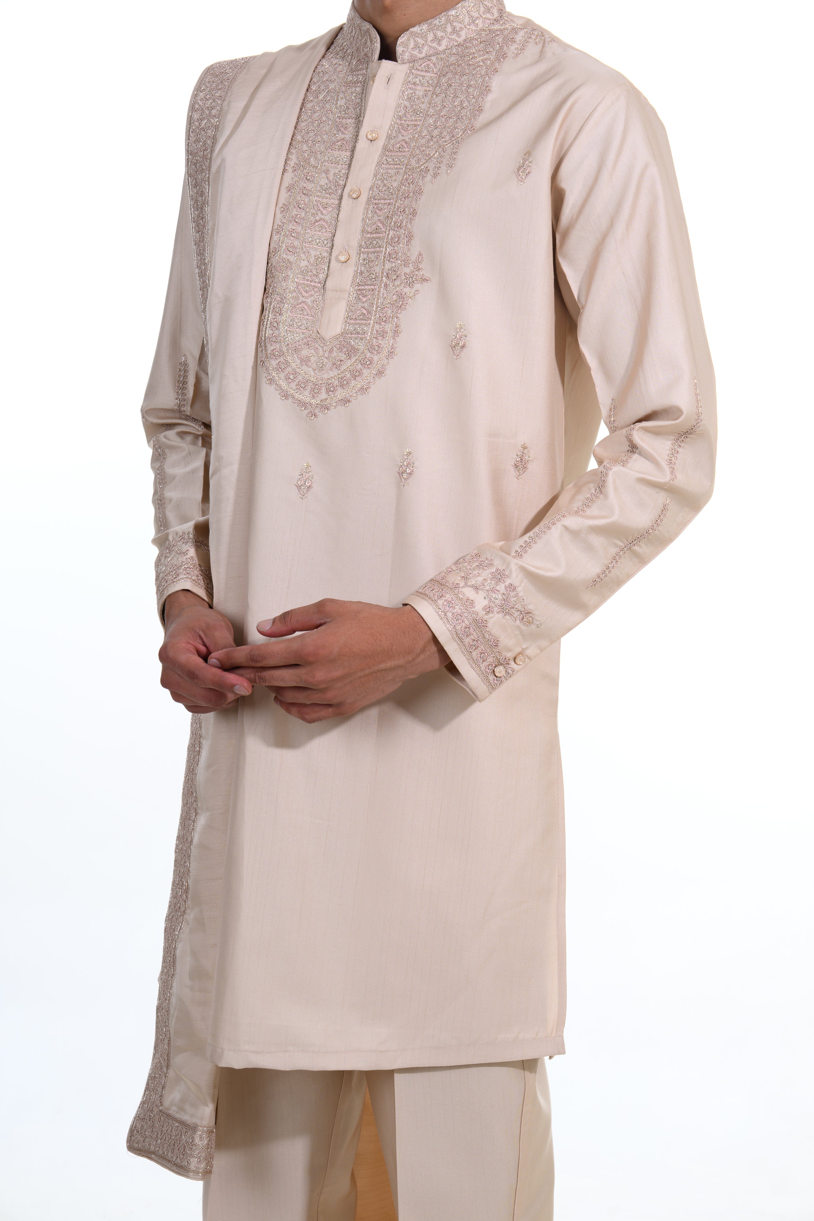 Champagne Ivory Embroidered Kurta Set with Stole