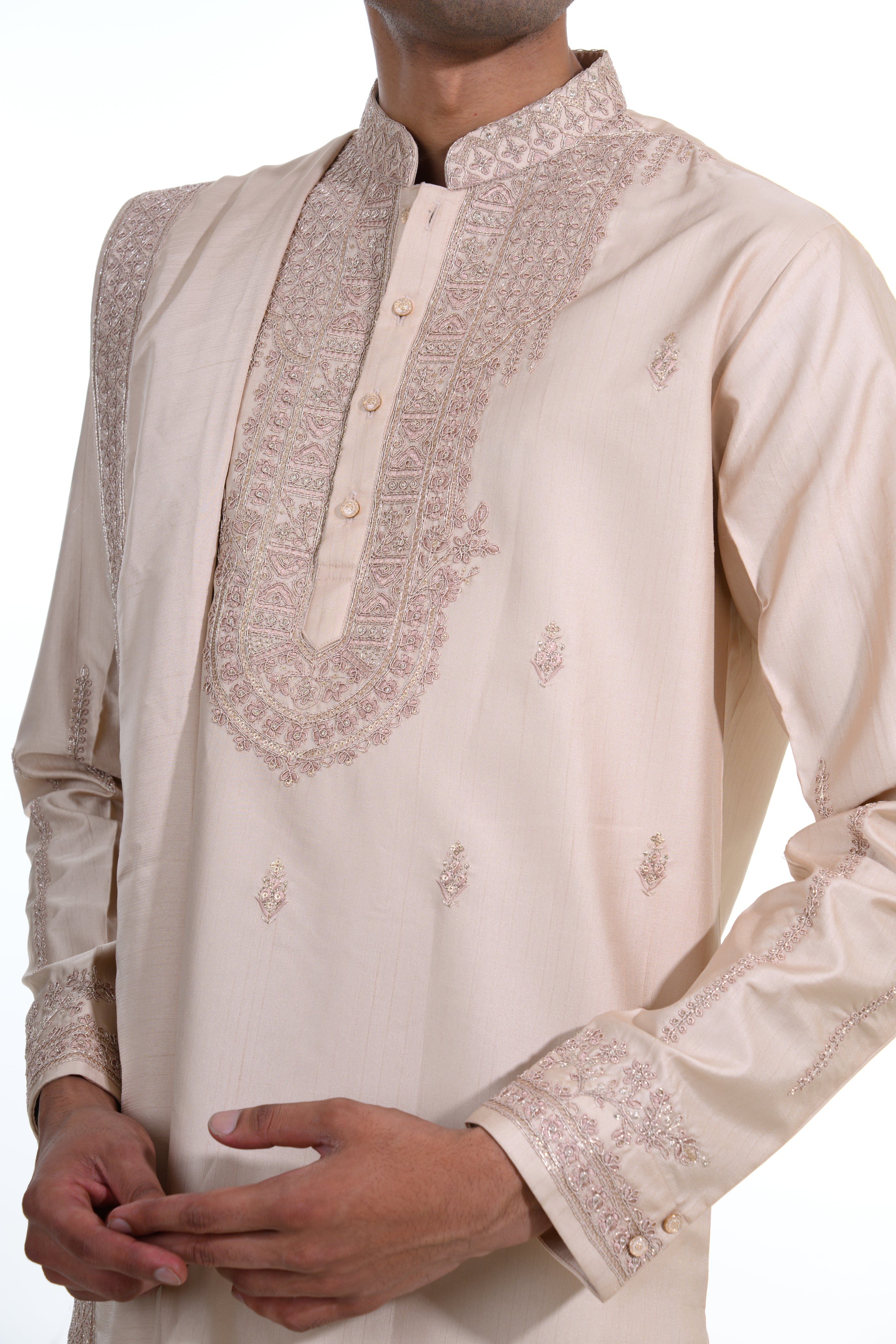 Champagne Ivory Embroidered Kurta Set with Stole