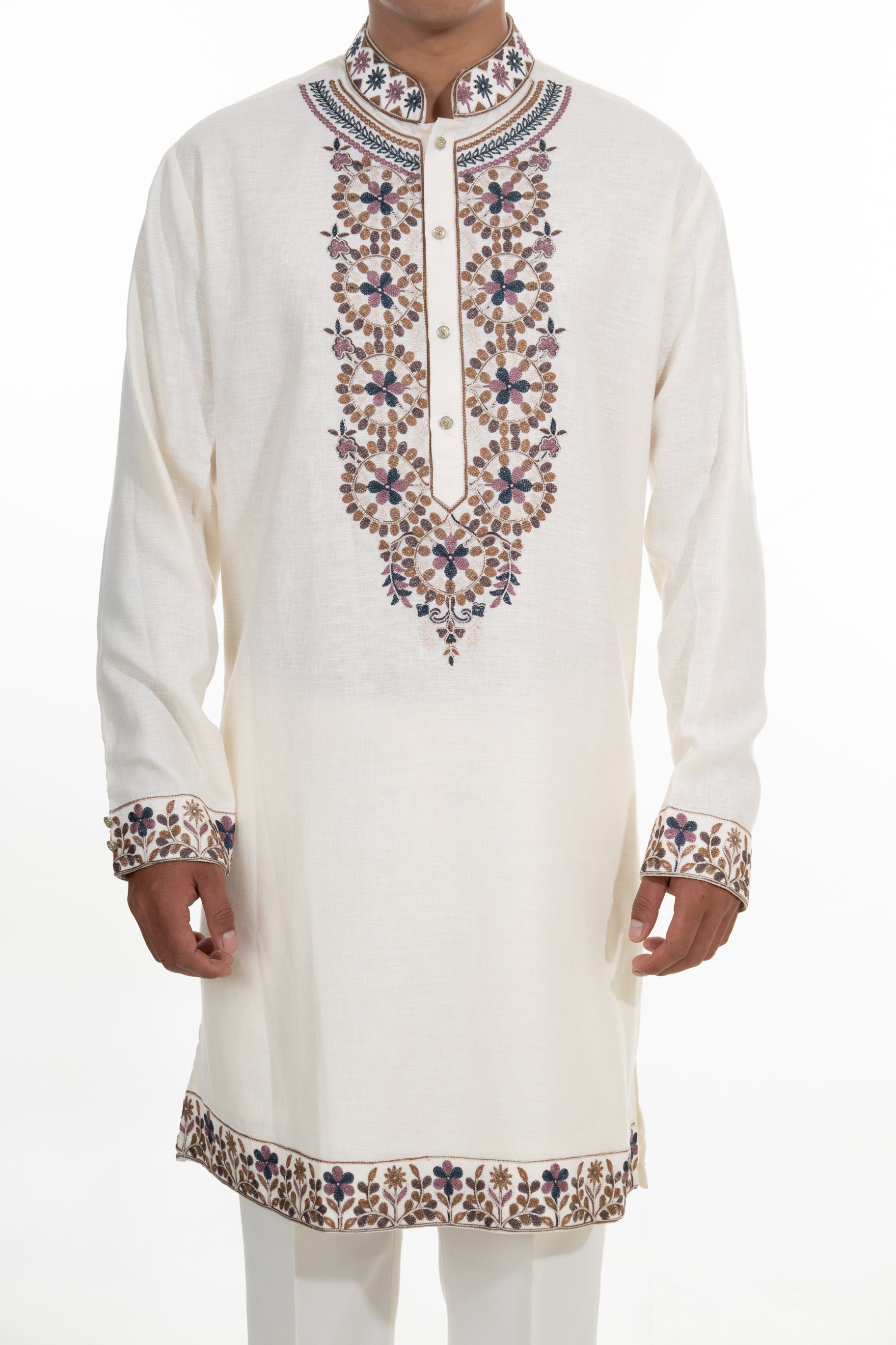 Cream Kashmiri Embroidered Kurta Set