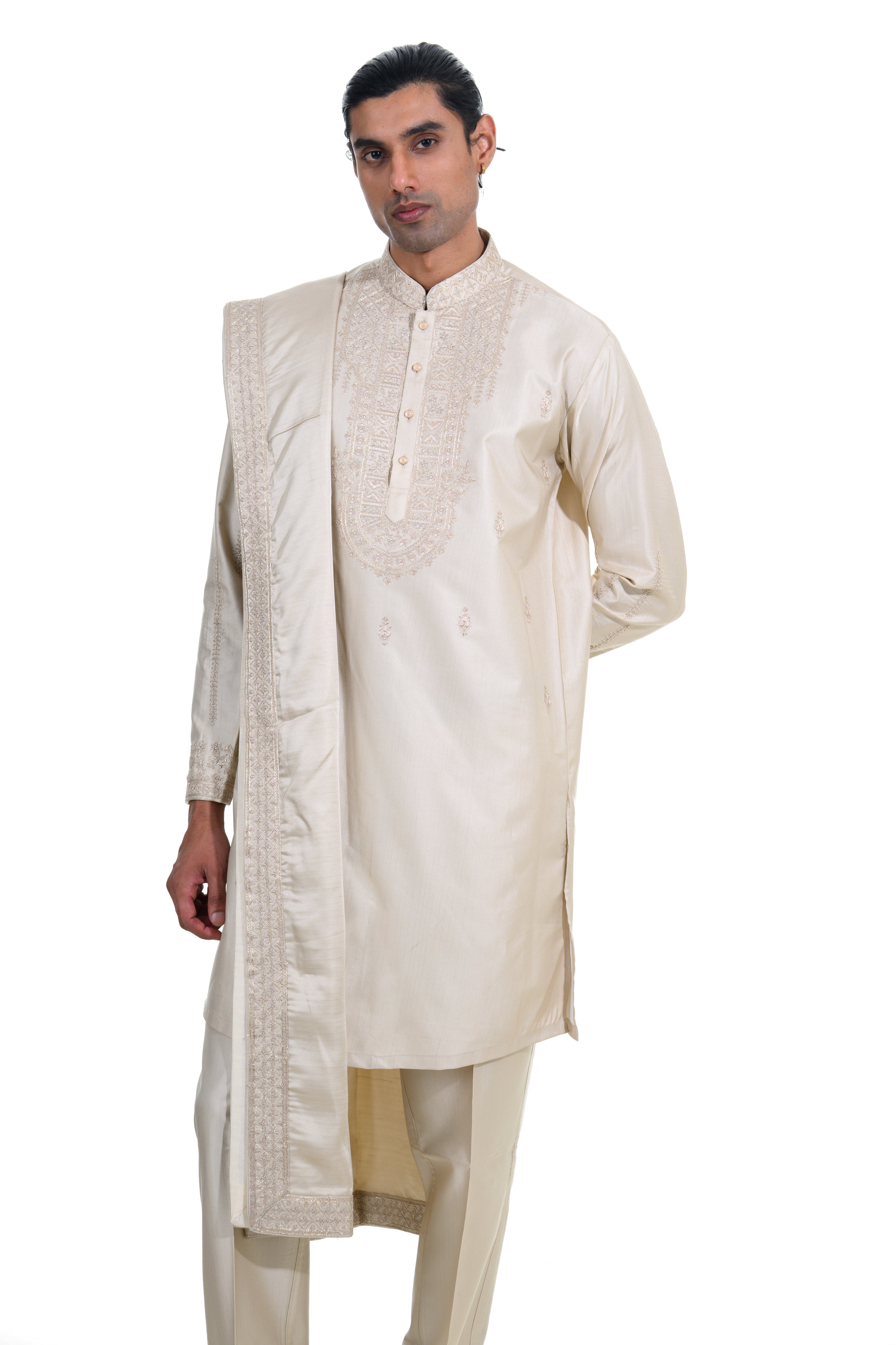 Champagne Silk Kurta Set with Embroidered Stole