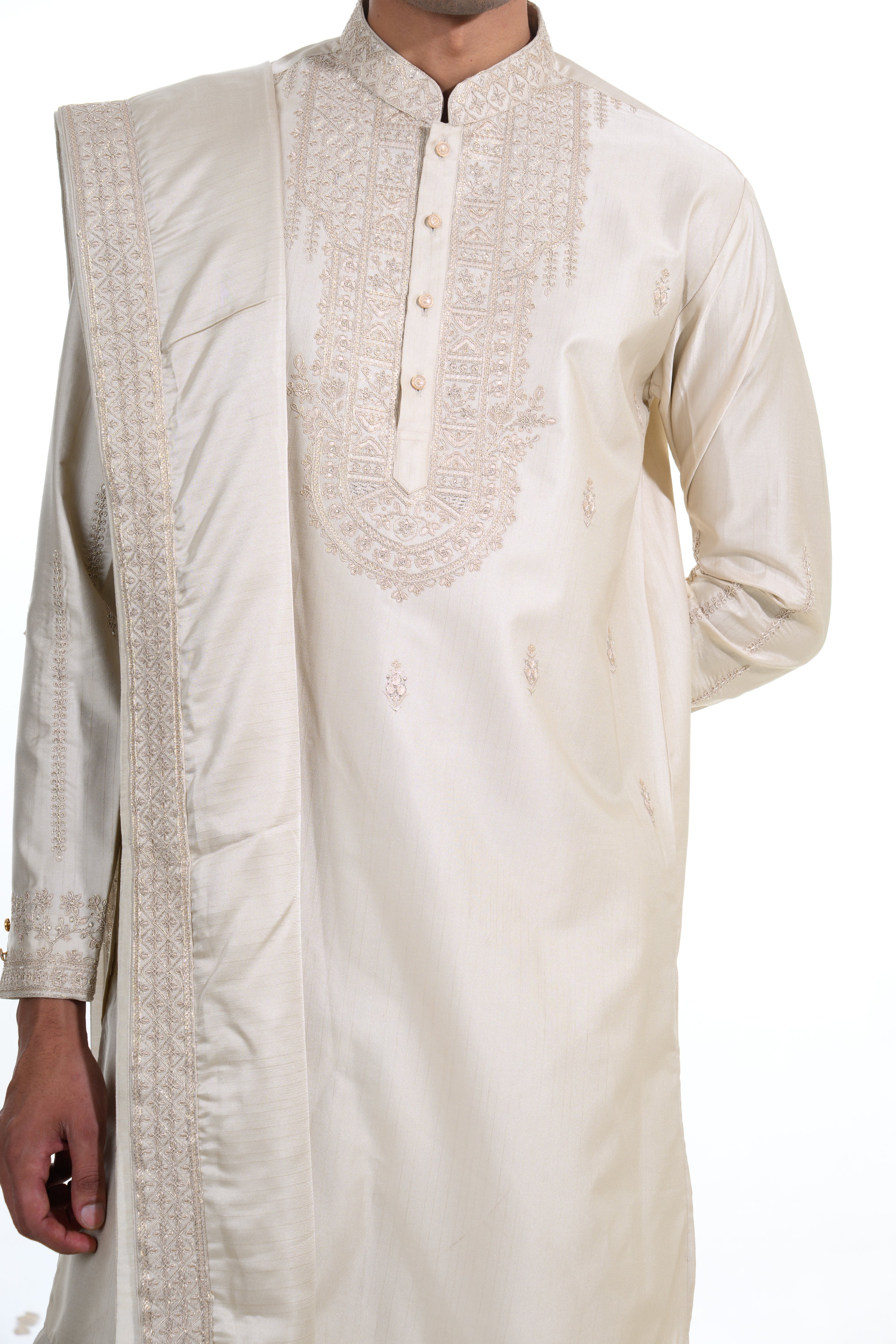 Champagne Silk Kurta Set with Embroidered Stole