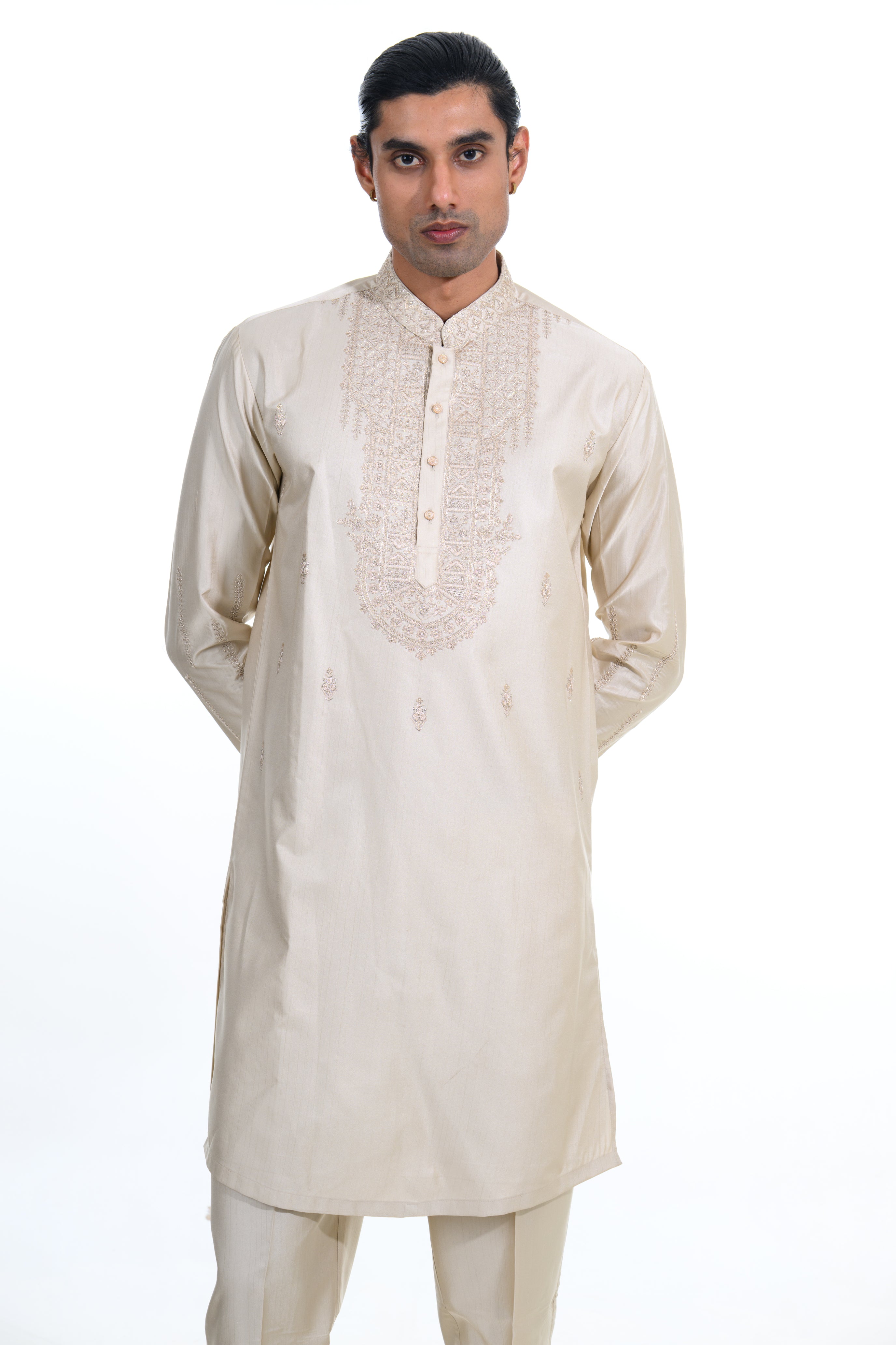 Champagne Silk Kurta Set with Embroidered Stole