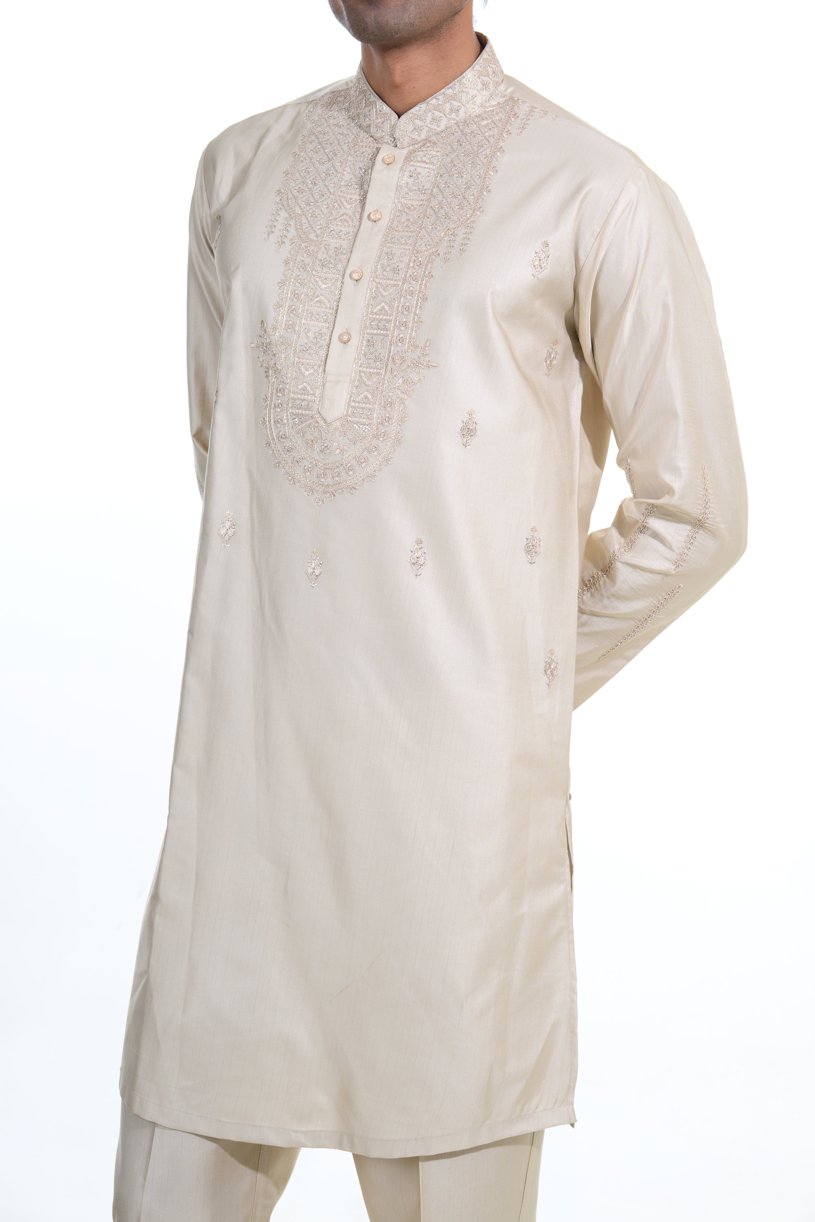 Champagne Silk Kurta Set with Embroidered Stole