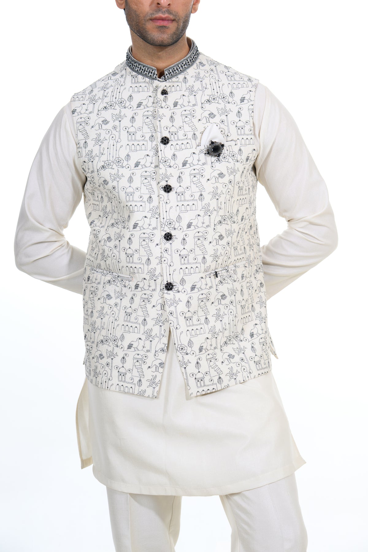Cream Heritage Printed Bundi Kurta Set