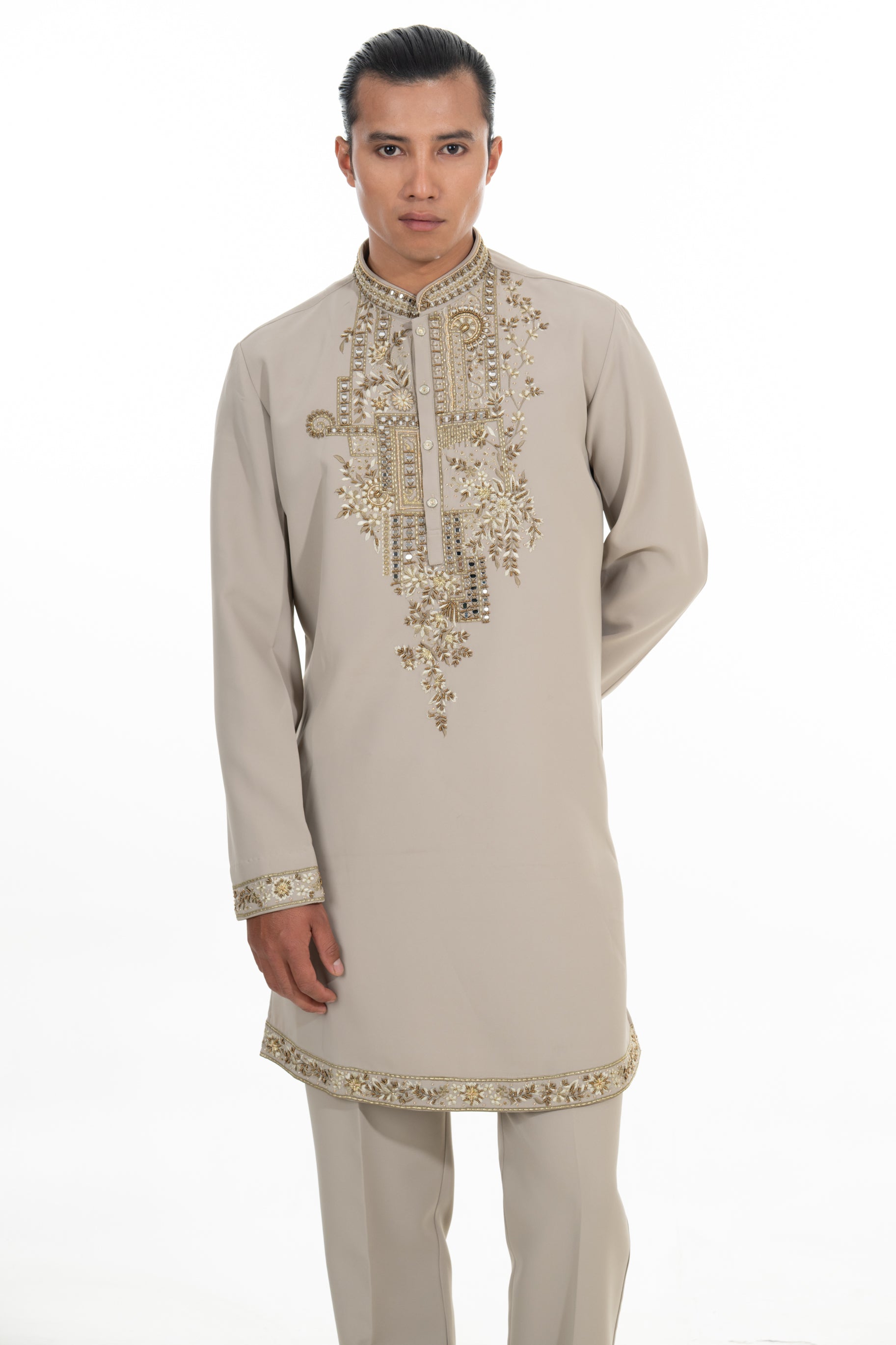 Stone Beige Mirror Embroidered Kurta Set