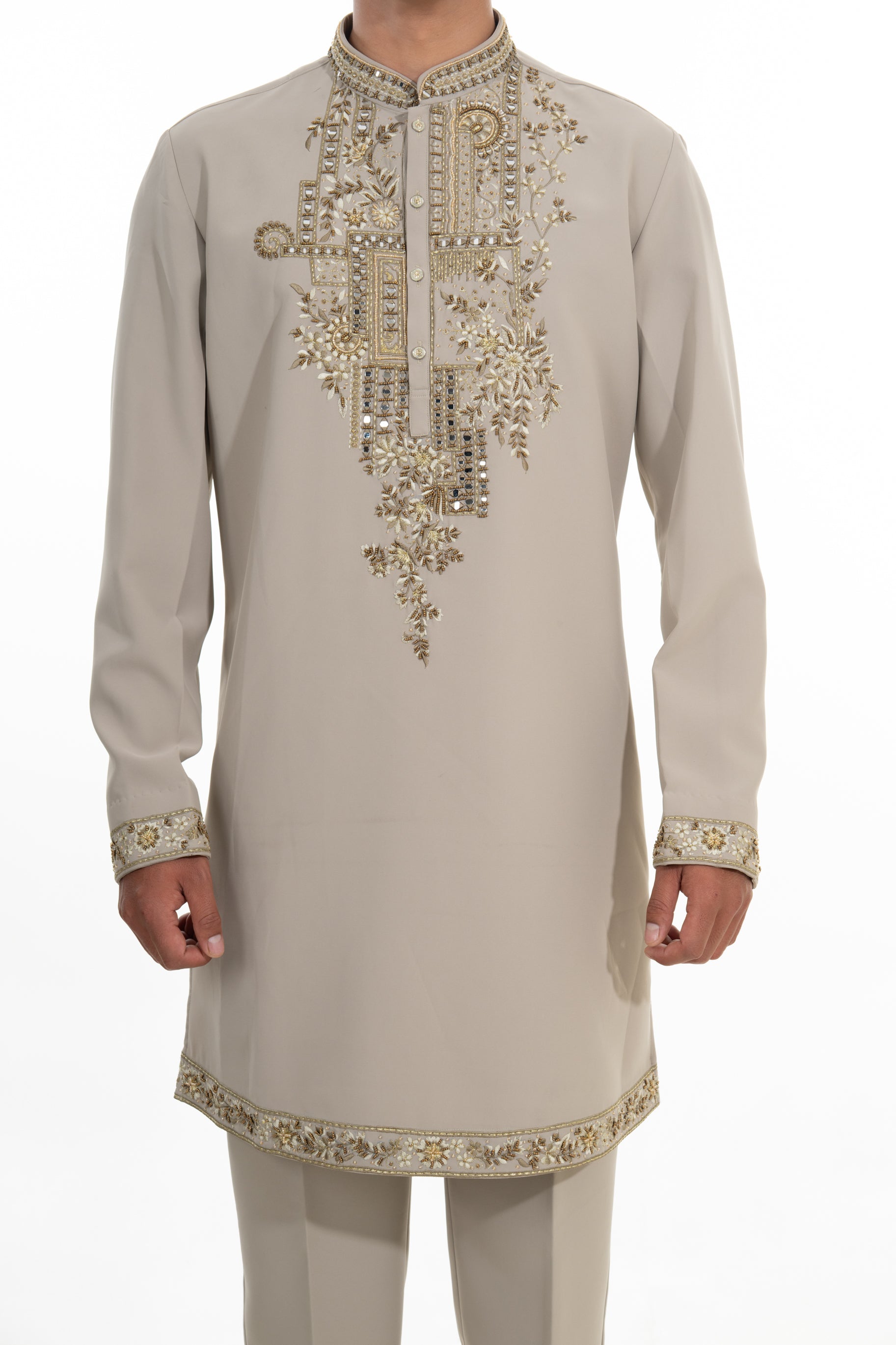 Stone Beige Mirror Embroidered Kurta Set
