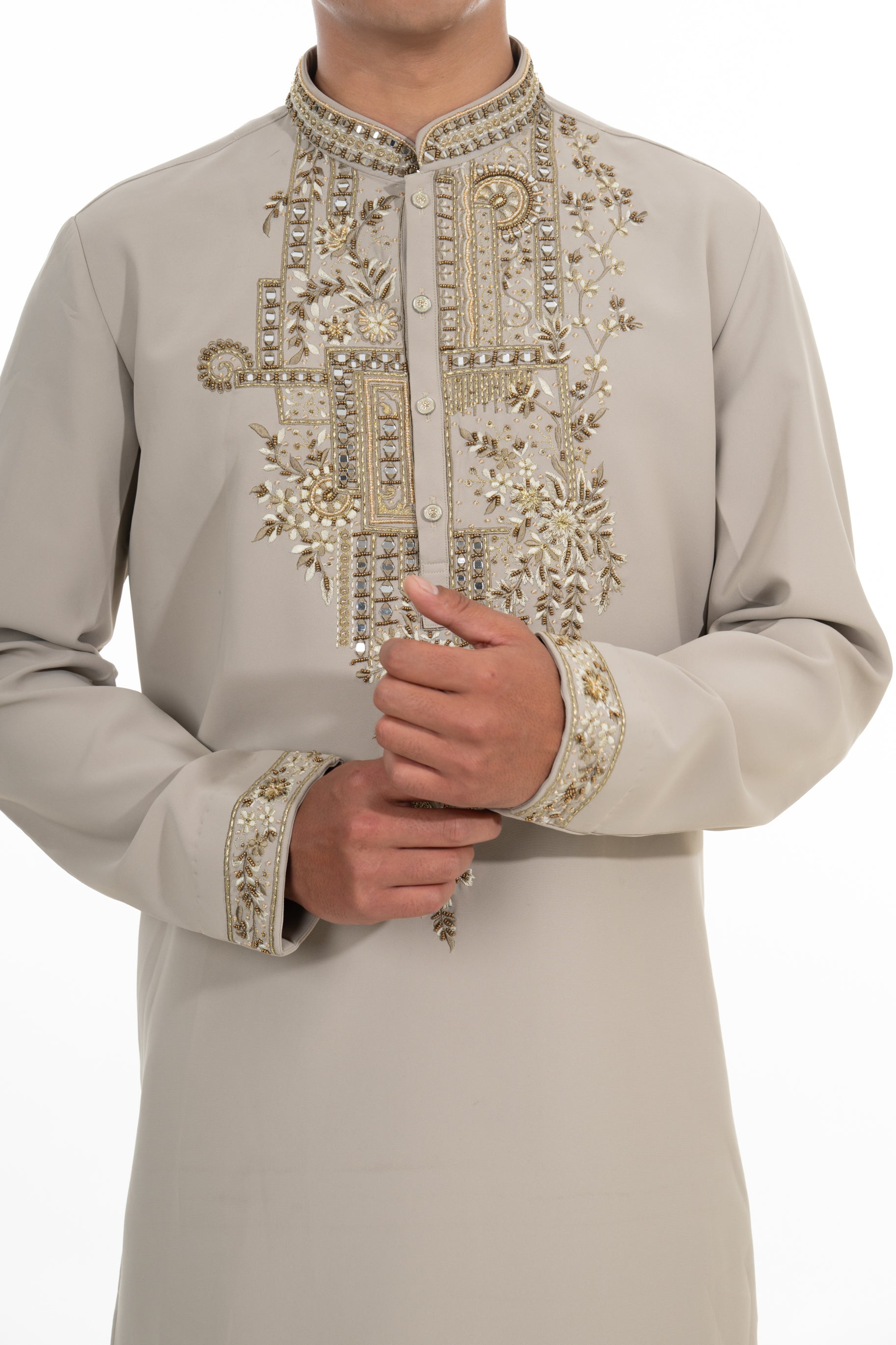 Stone Beige Mirror Embroidered Kurta Set