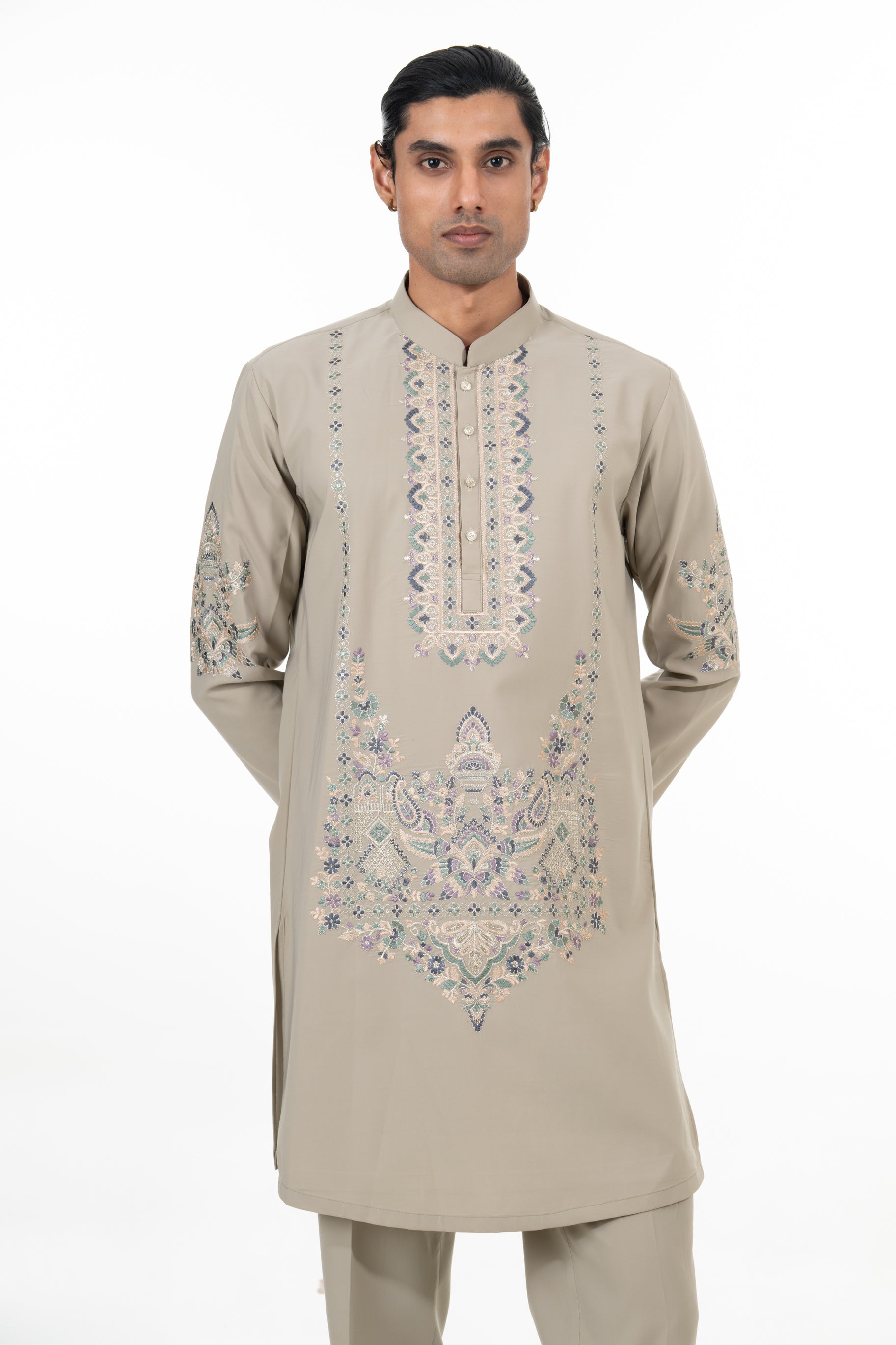 Stone Grey Ornate Embroidered Kurta Set