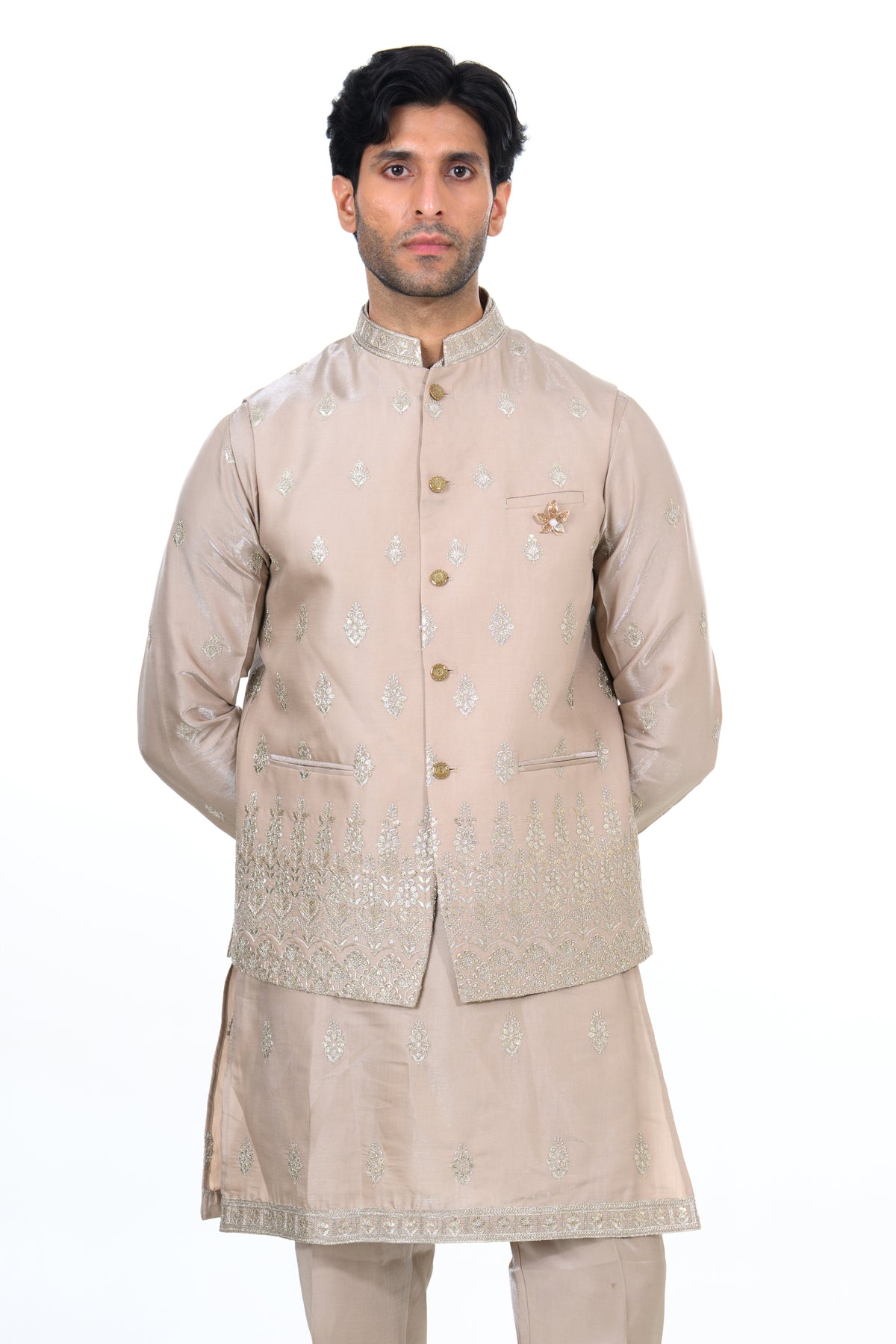 Champagne Embroidered Kurta Jacket Set