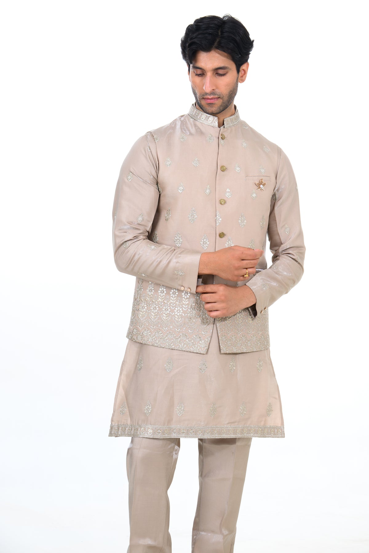 Champagne Embroidered Kurta Jacket Set