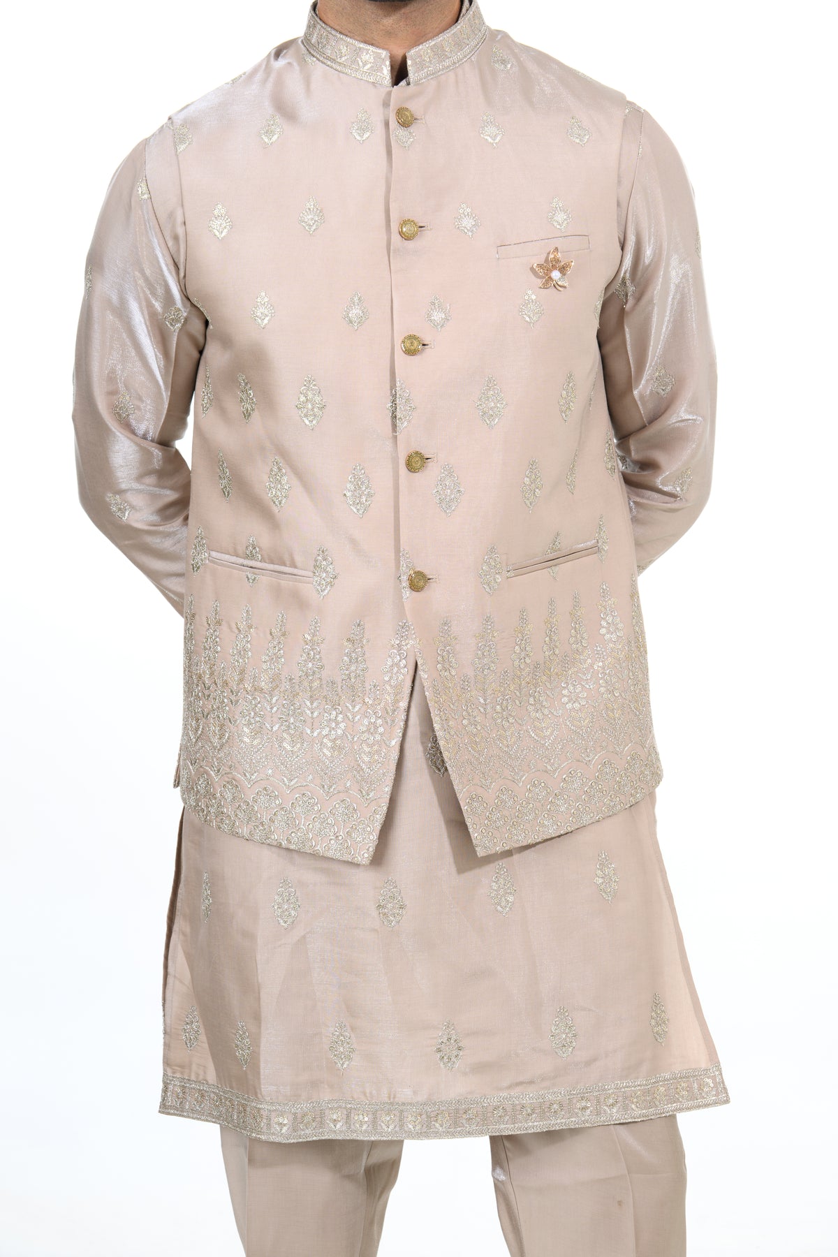 Champagne Embroidered Kurta Jacket Set