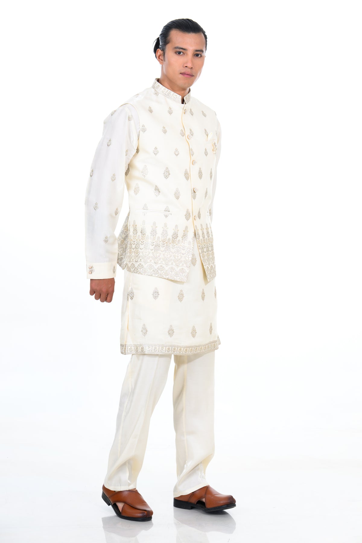 Cream Embroidered Kurta Jacket Set