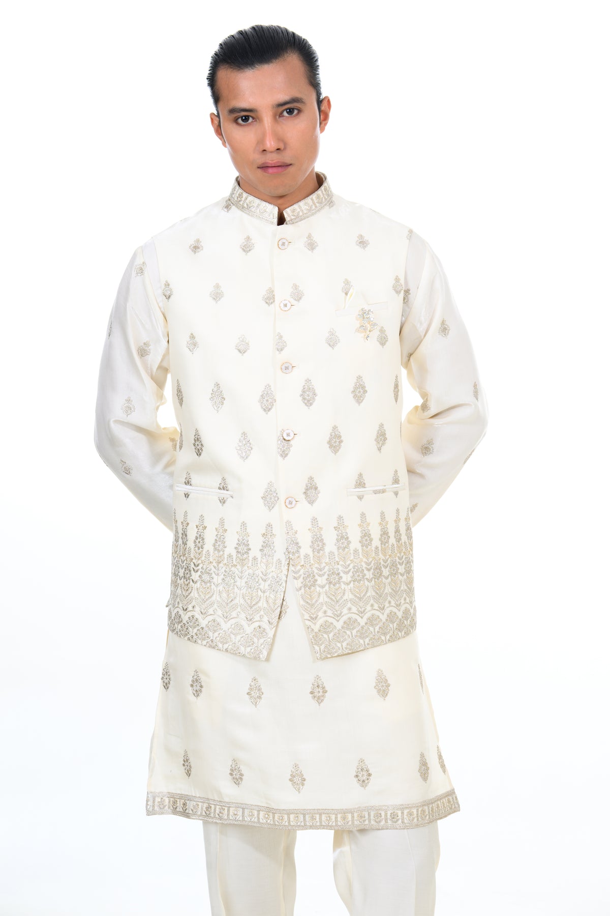 Cream Embroidered Kurta Jacket Set