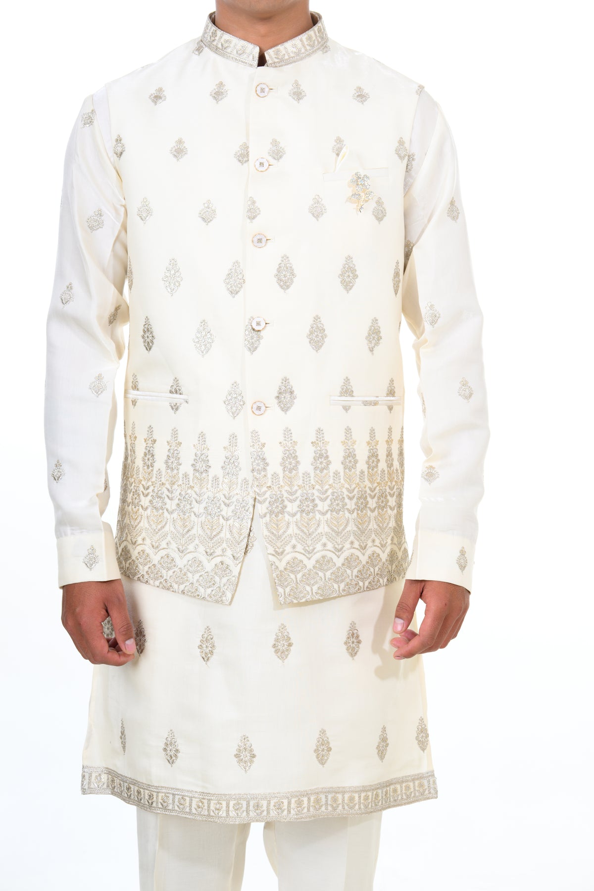 Cream Embroidered Kurta Jacket Set