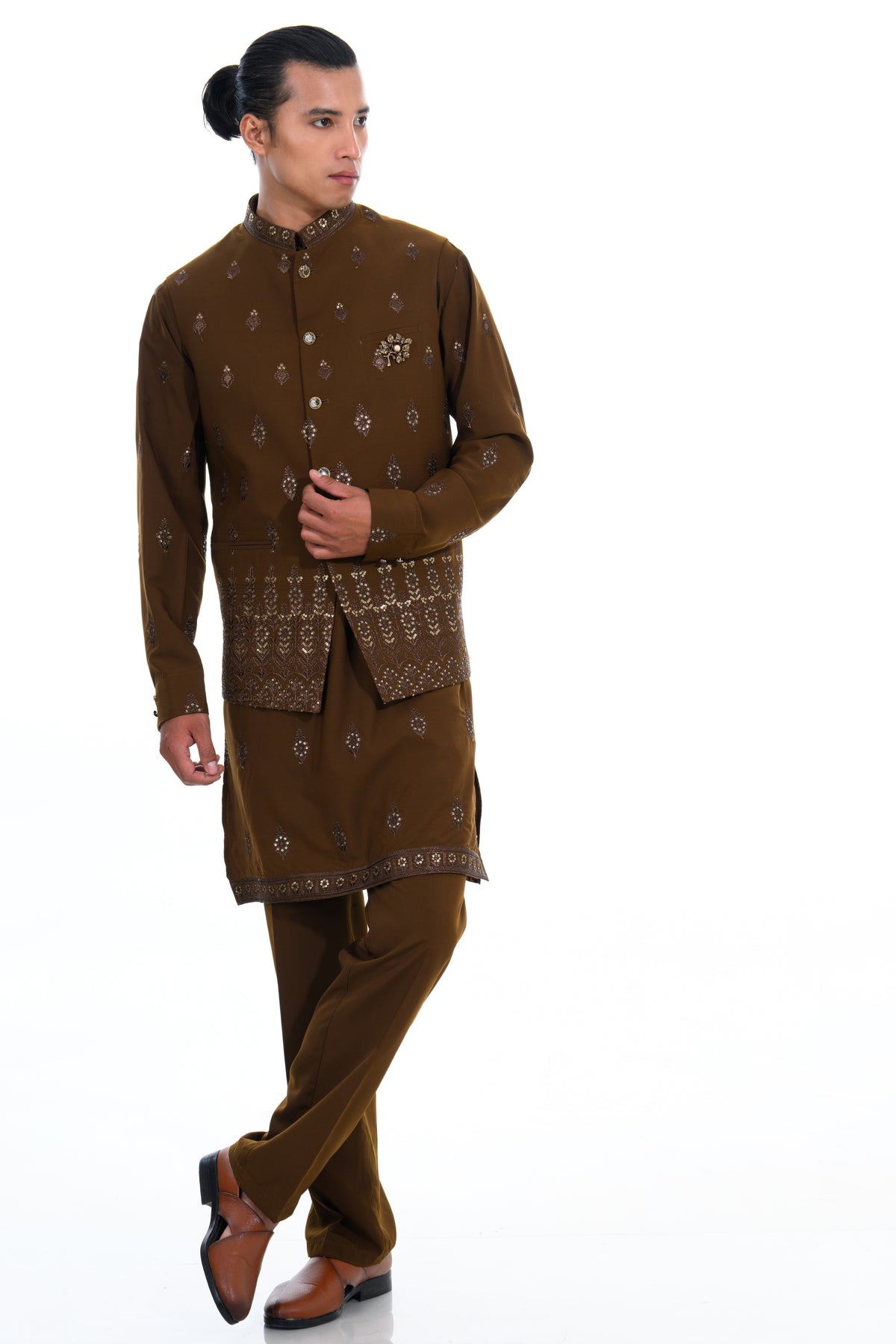Coco Brown Embroidered Bundi Kurta Set