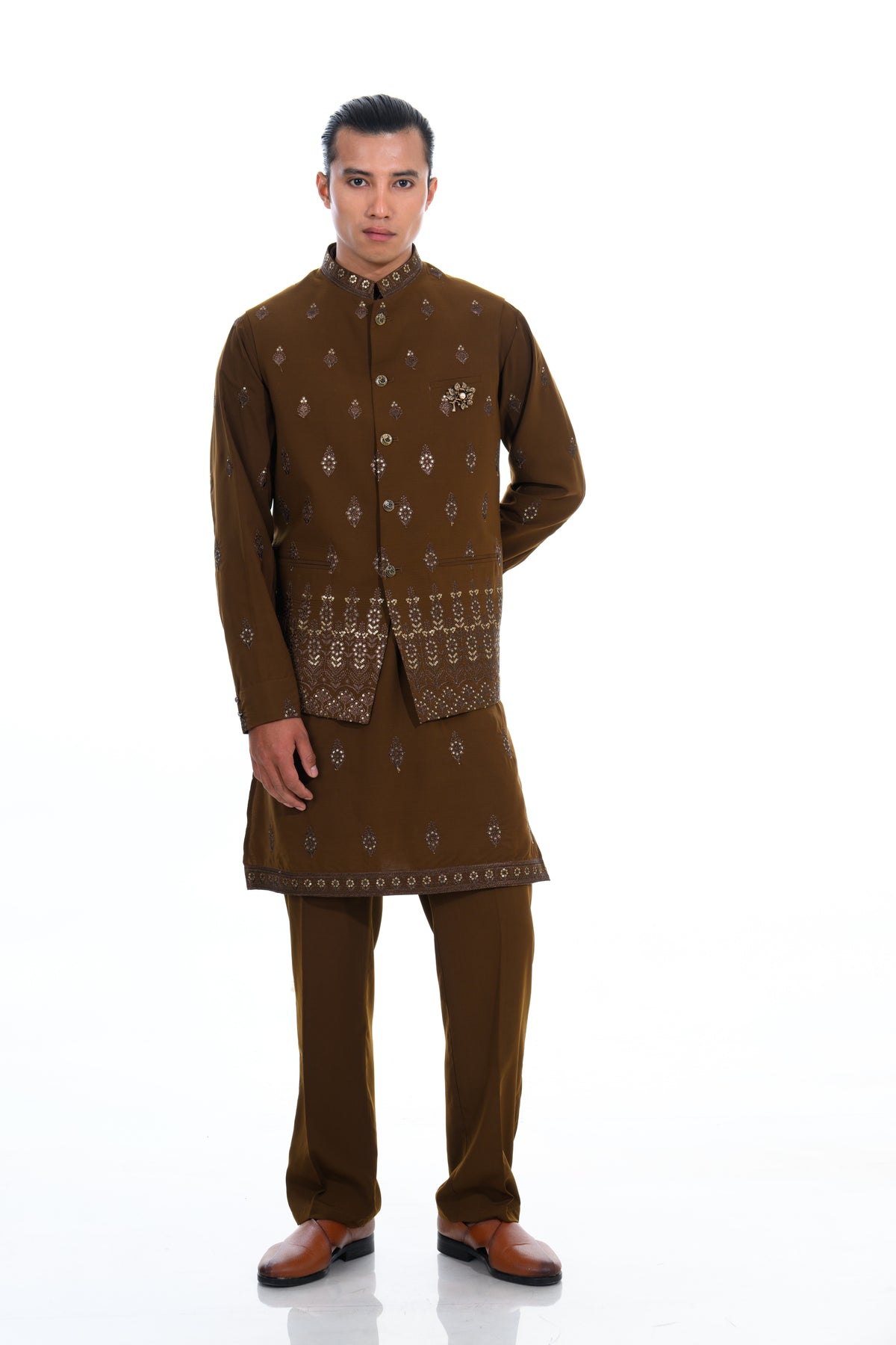 Coco Brown Embroidered Bundi Kurta Set