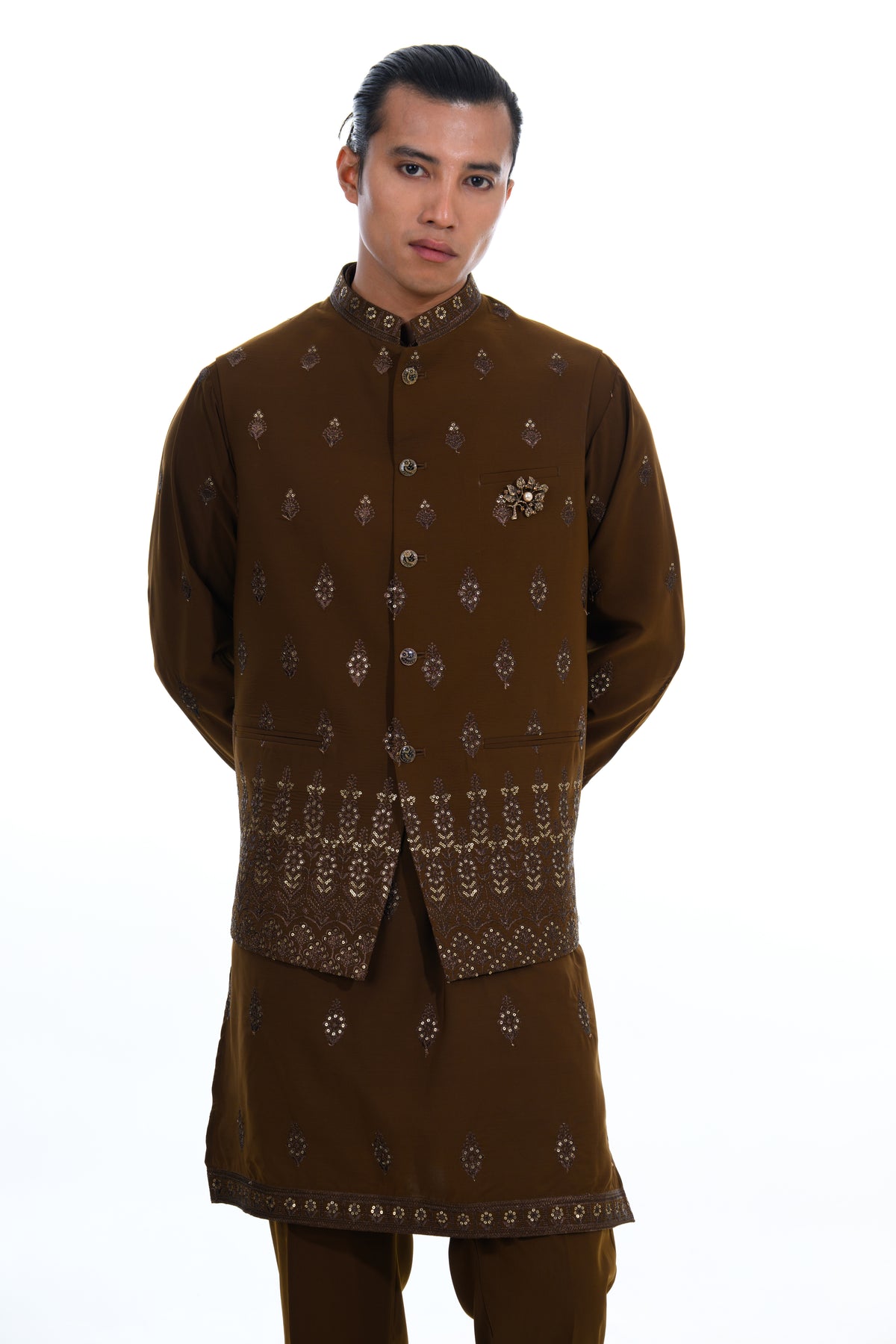 Coco Brown Embroidered Bundi Kurta Set