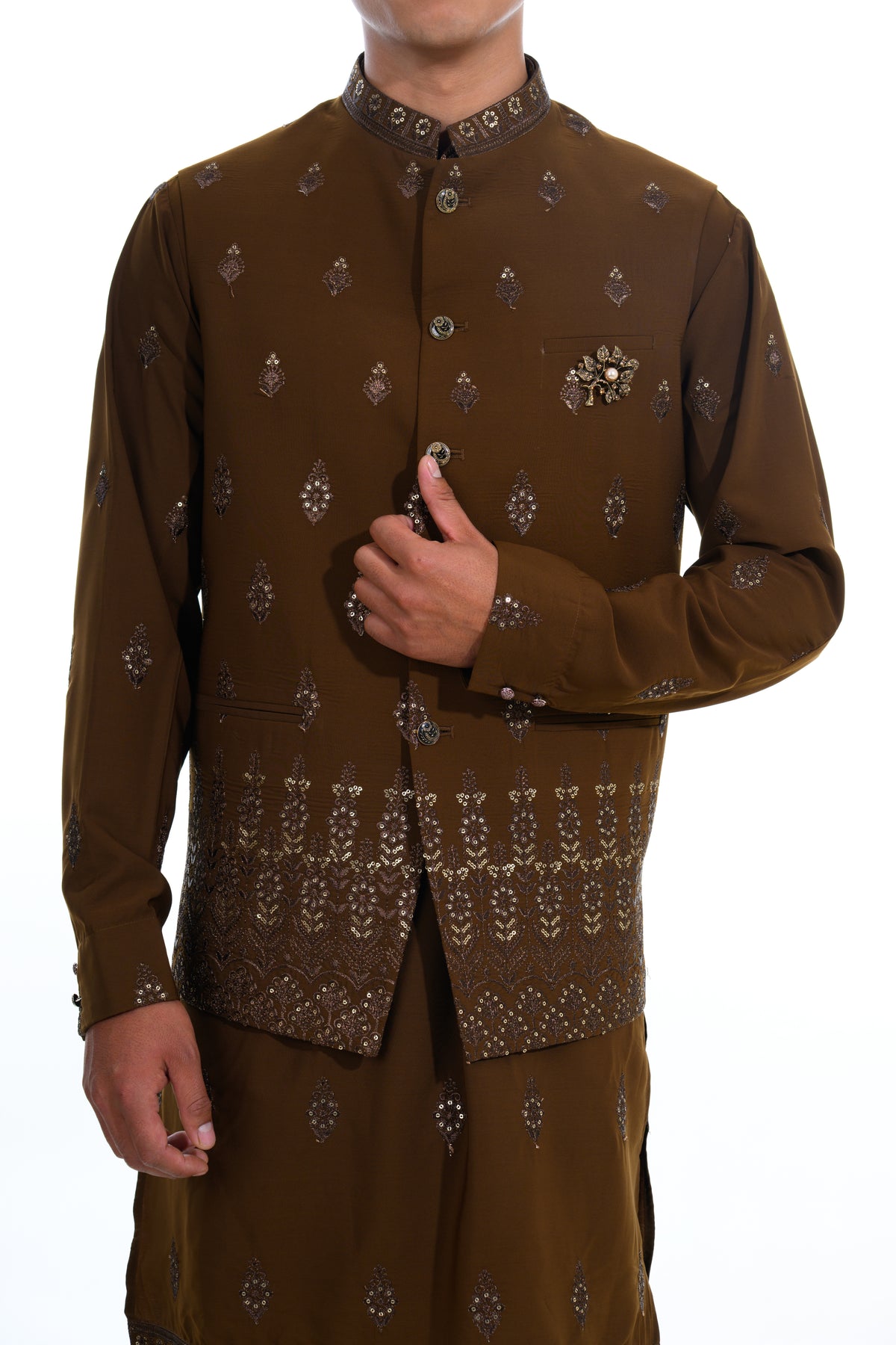 Coco Brown Embroidered Bundi Kurta Set