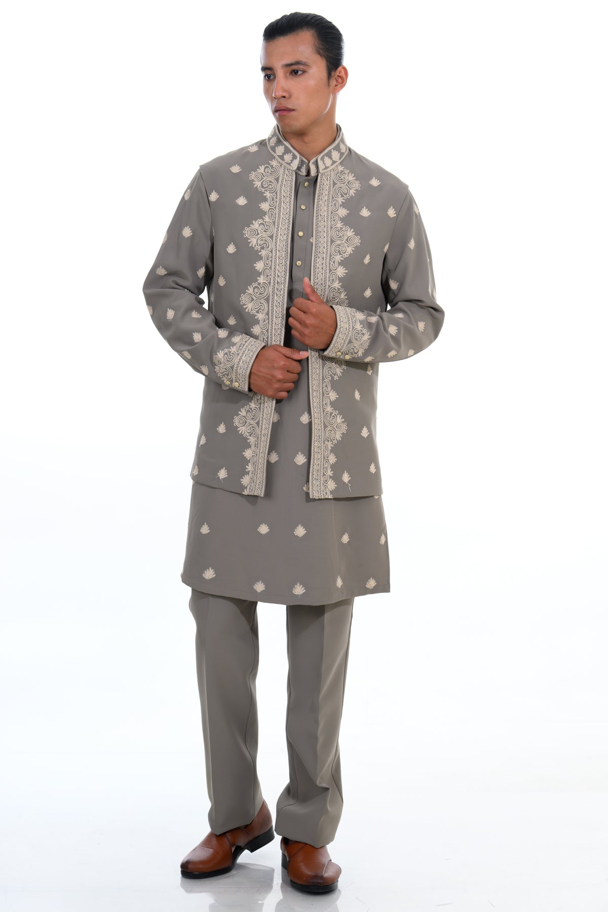 Olive Embroidered Indo Western Set