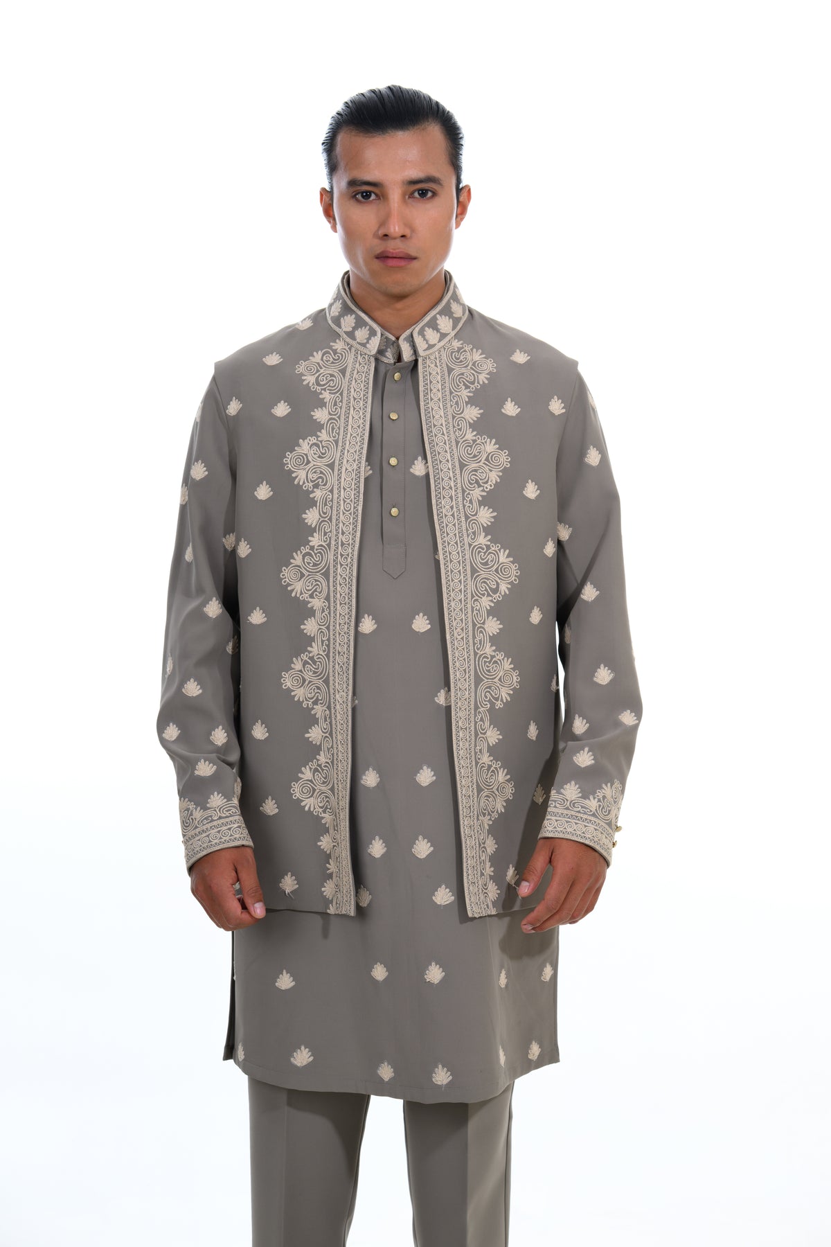 Olive Embroidered Indo Western Set