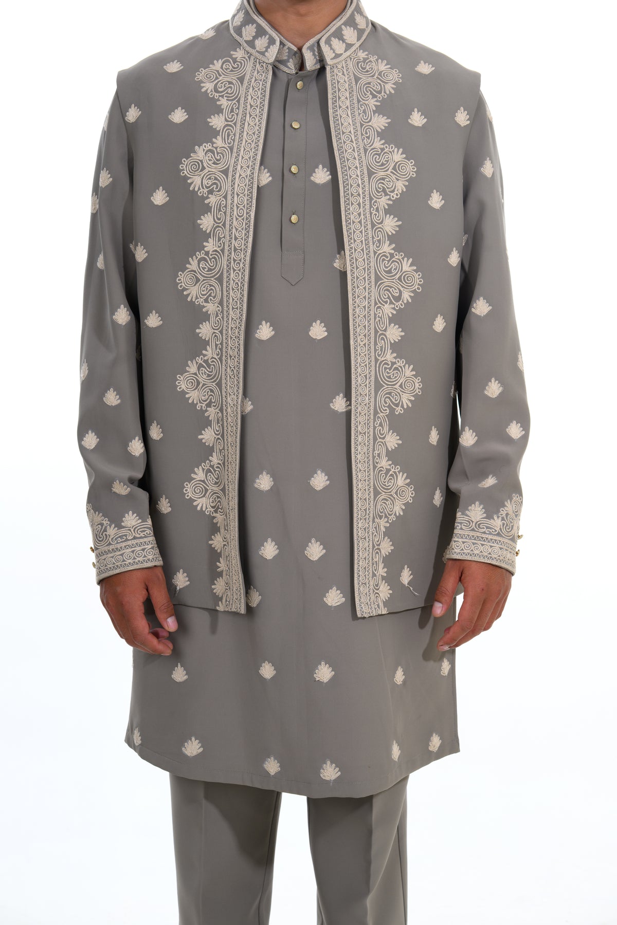 Olive Embroidered Indo Western Set