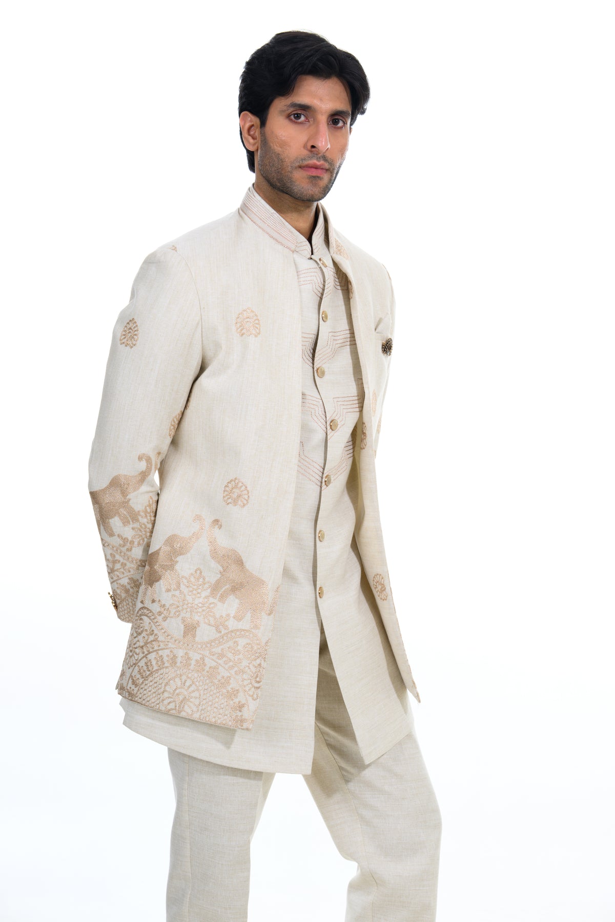 Cream Heritage Embroidered Indo-Western Set