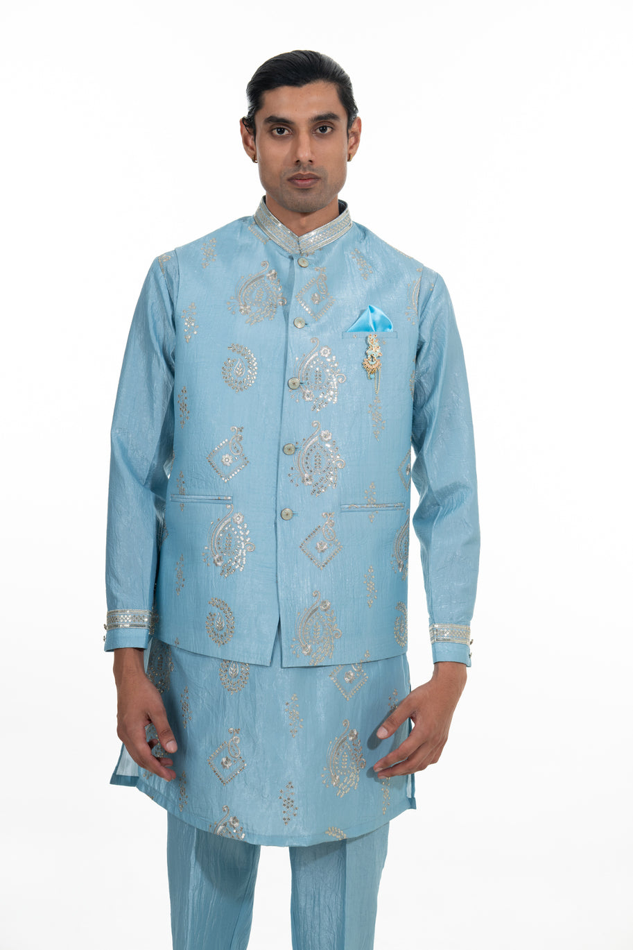 Sky Blue Embroidered Kurta Jacket Set