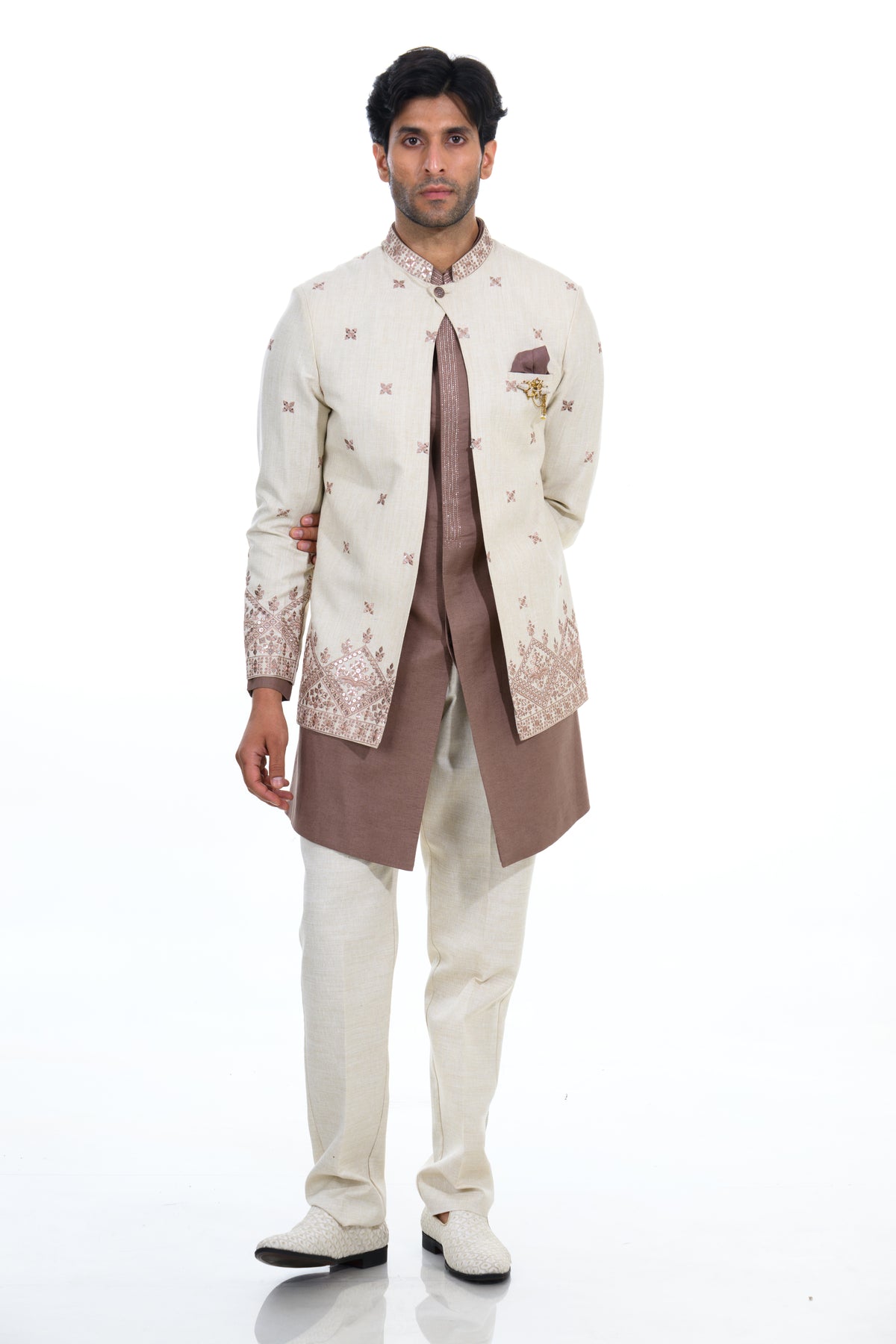 Ivory & Mocha Embroidered Short Indo Jacket Set
