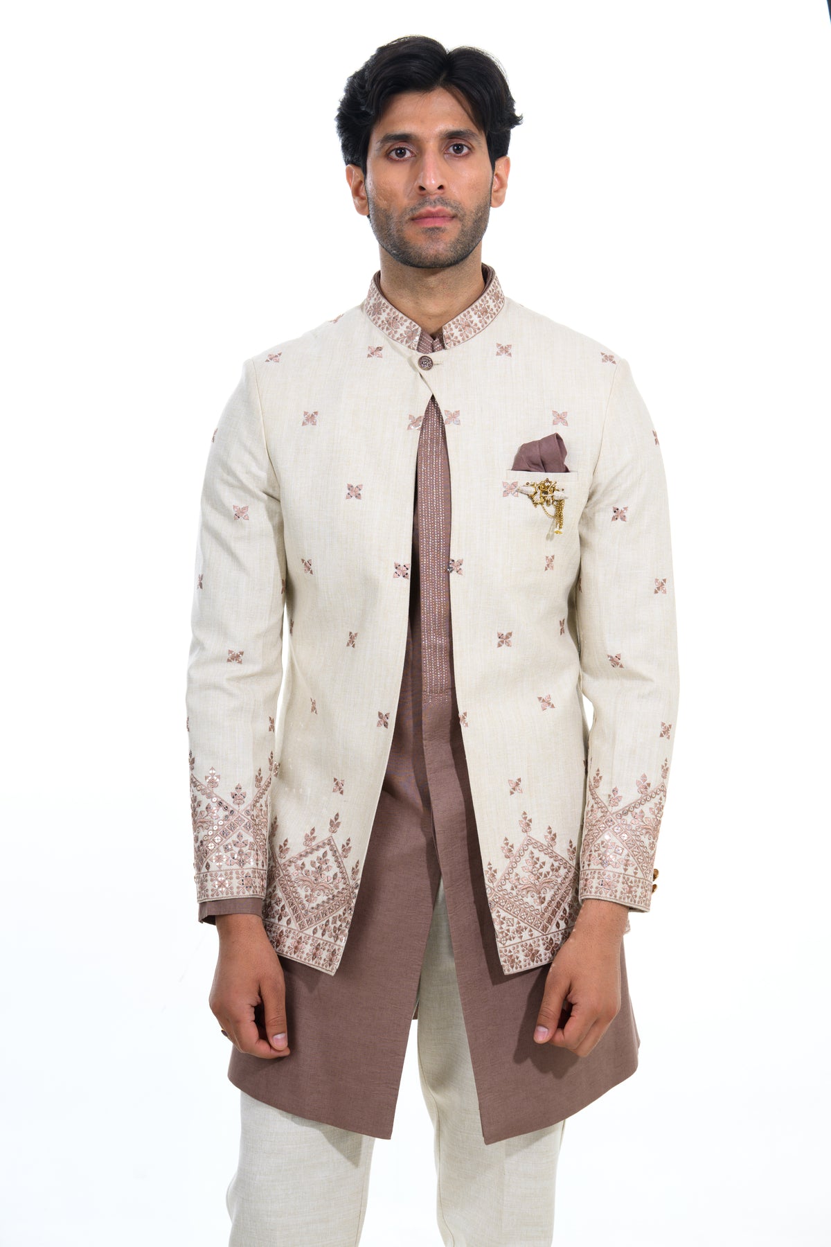 Ivory & Mocha Embroidered Short Indo Jacket Set