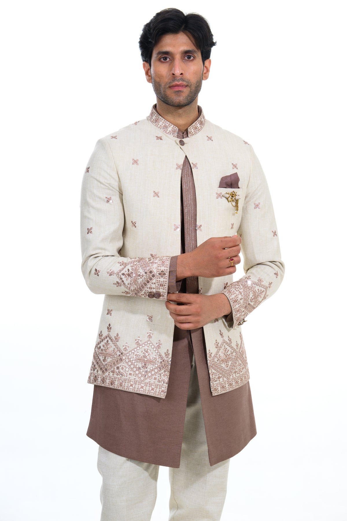 Ivory & Mocha Embroidered Short Indo Jacket Set
