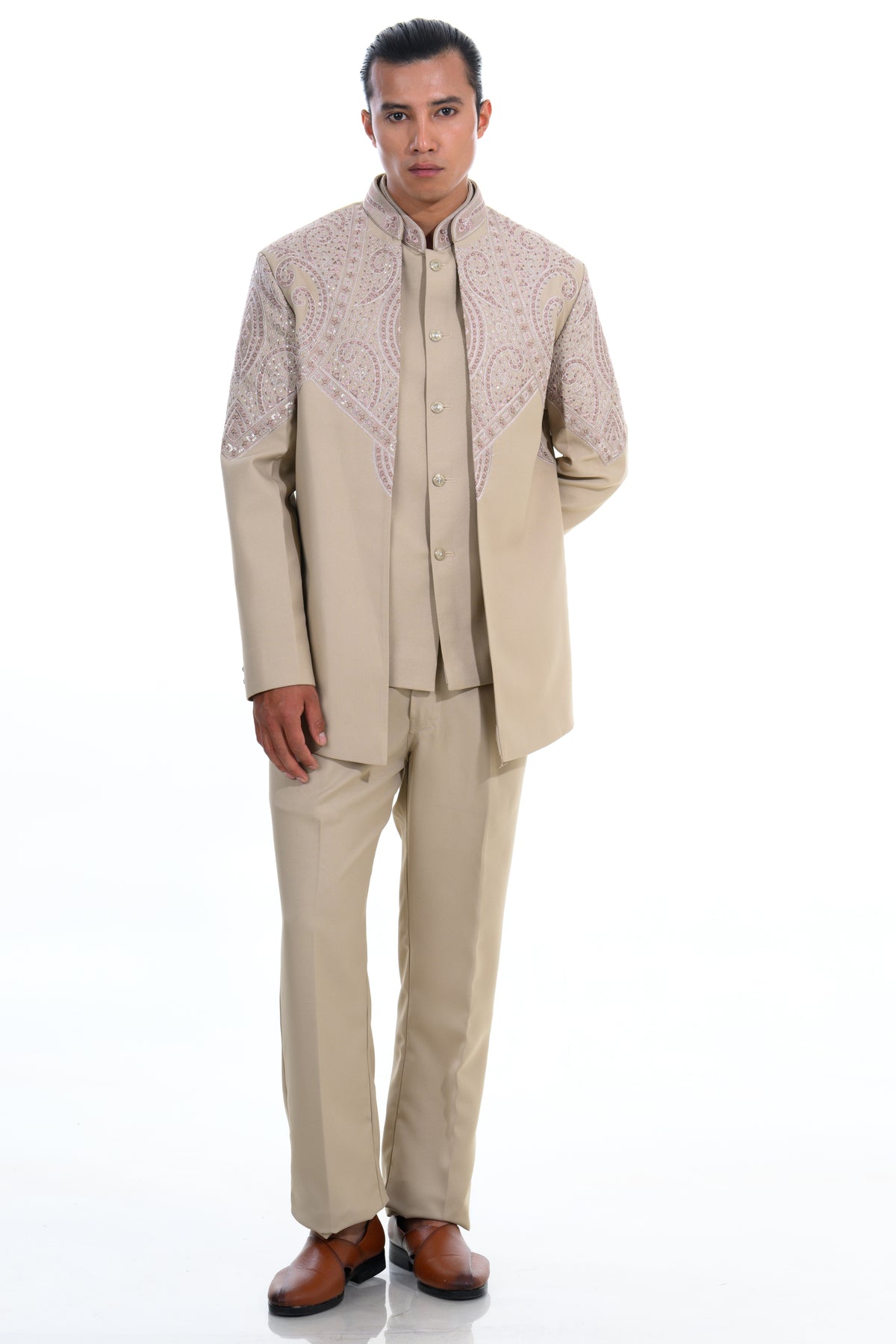Champagne Embroidered Indo Western Set