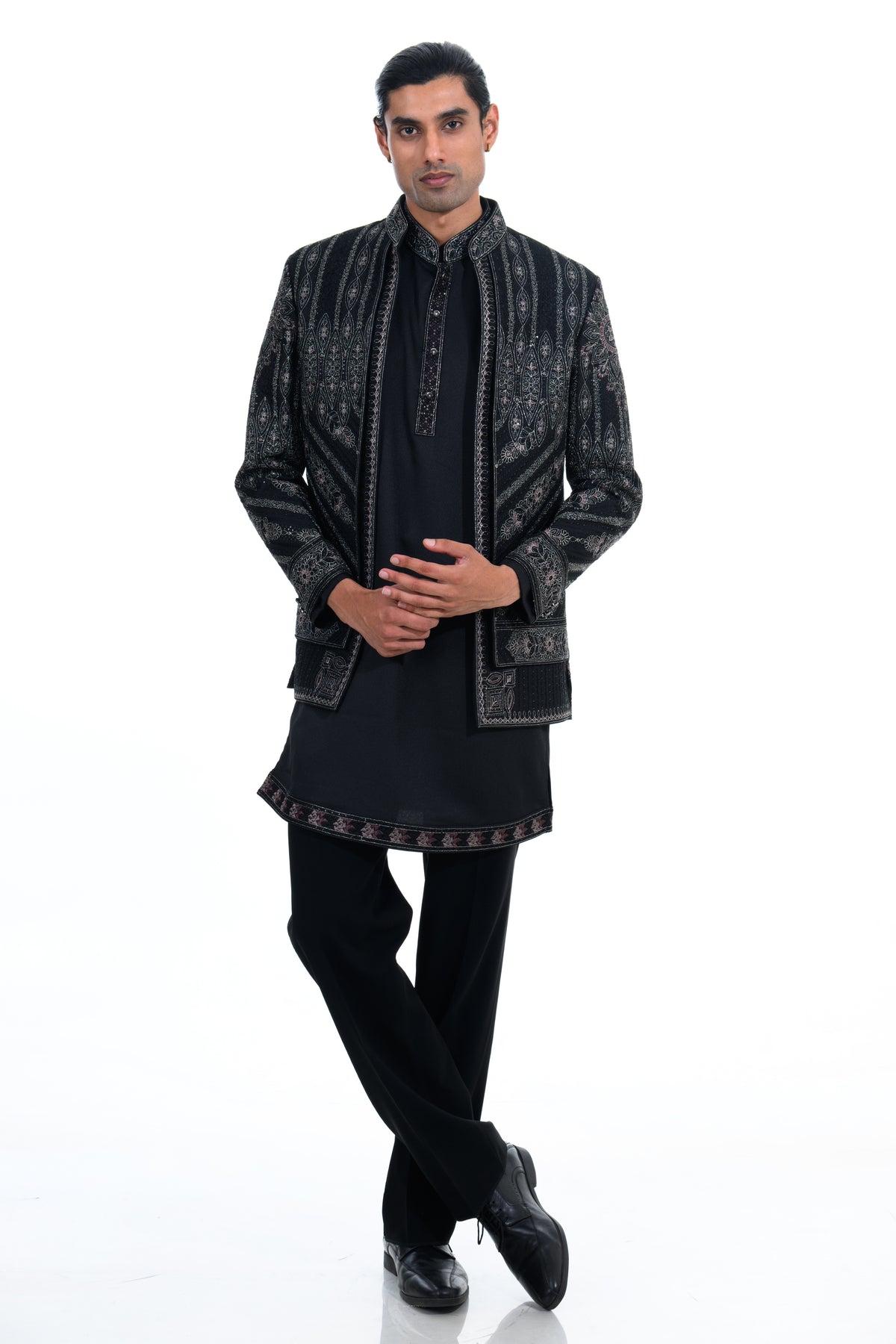 Black Embroidered Indo Western Set