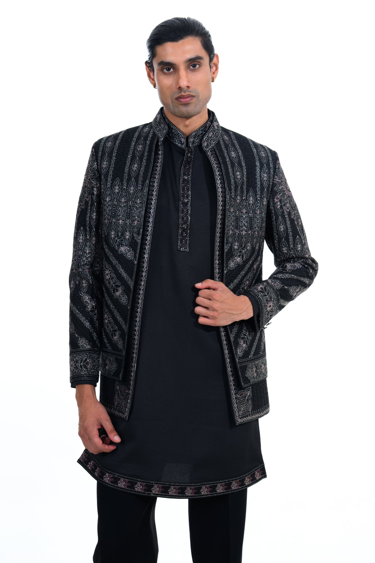 Black Embroidered Indo Western Set