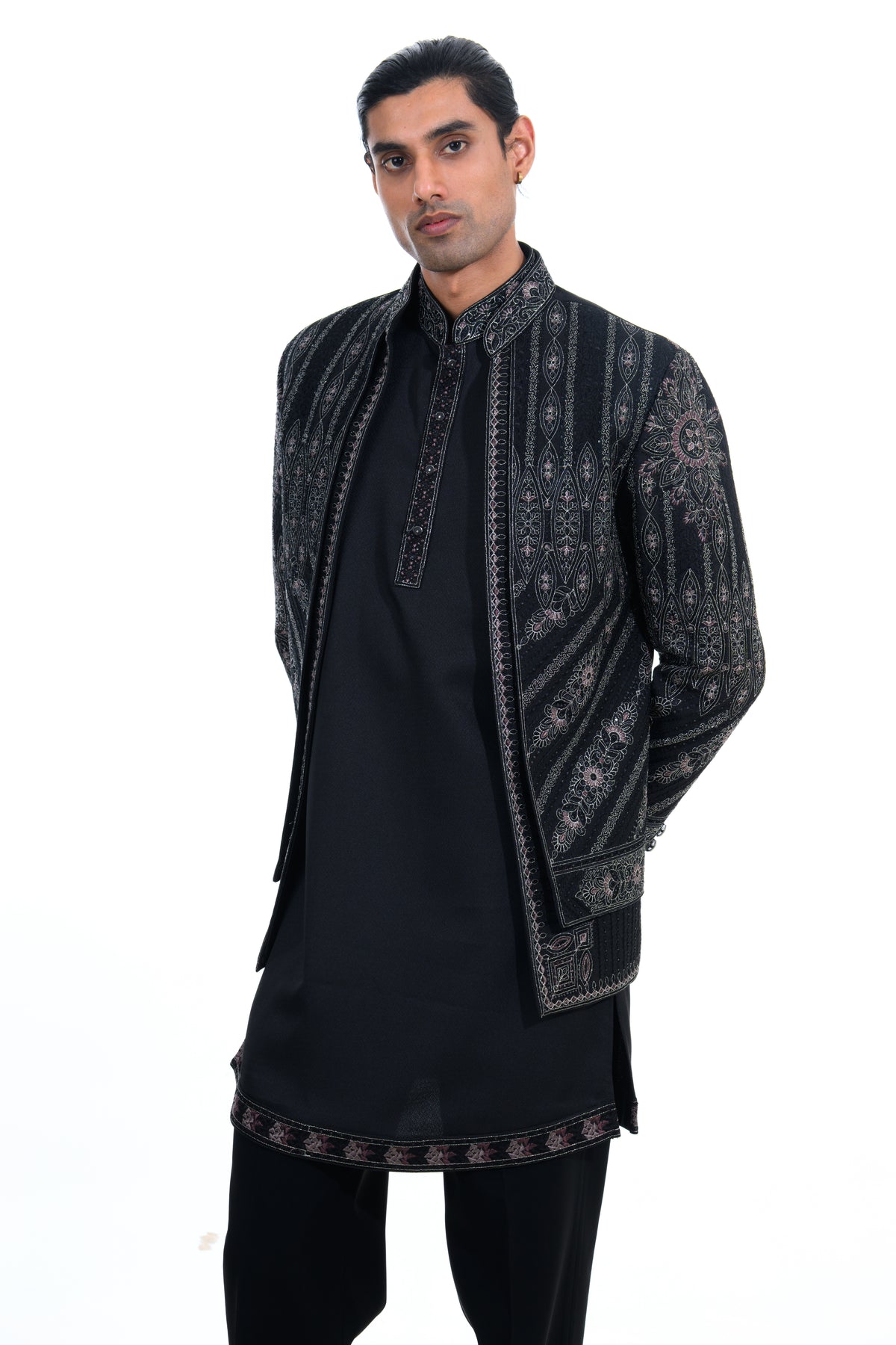 Black Embroidered Indo Western Set