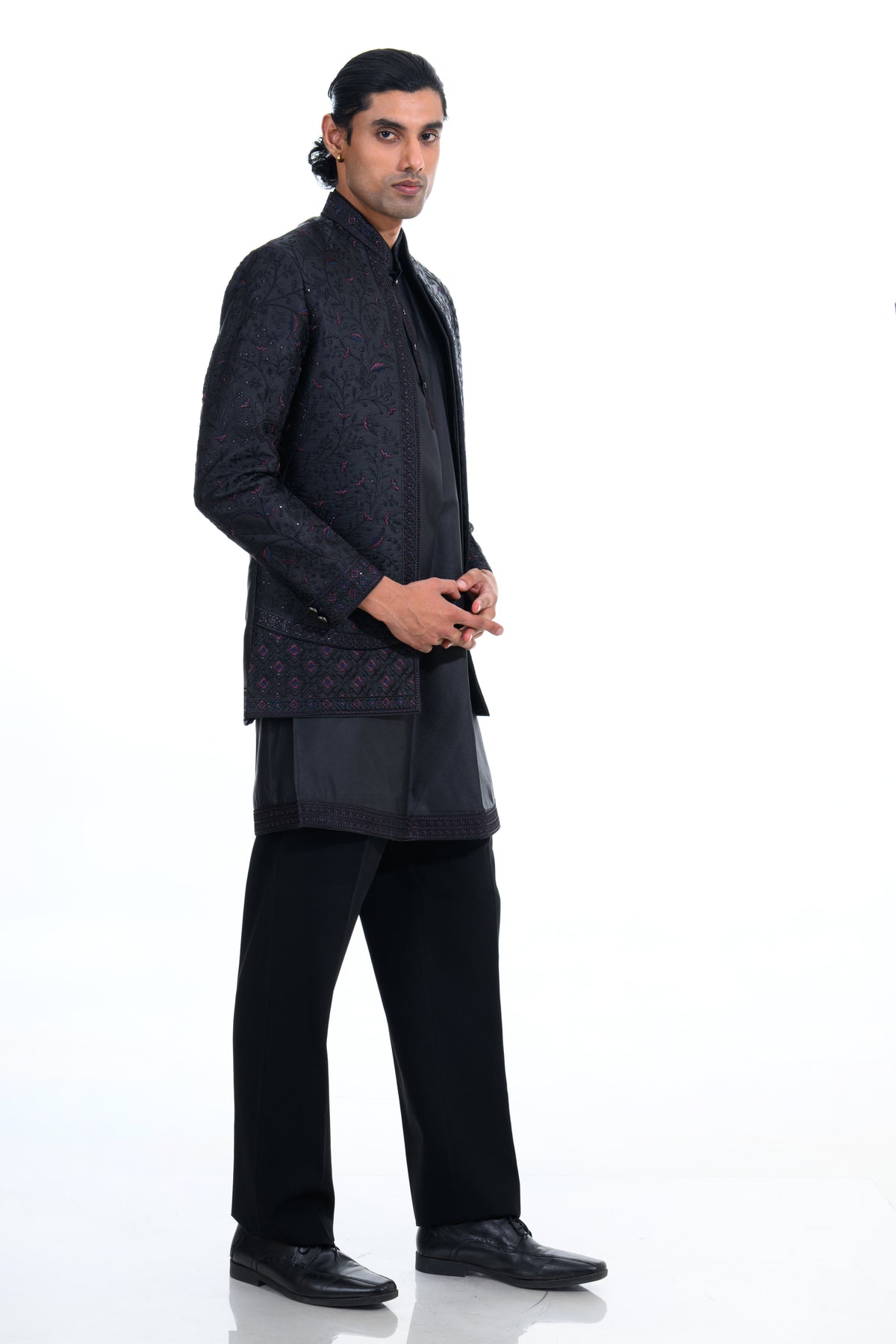 Noir Tonal Embroidered Short Indo Jacket Set