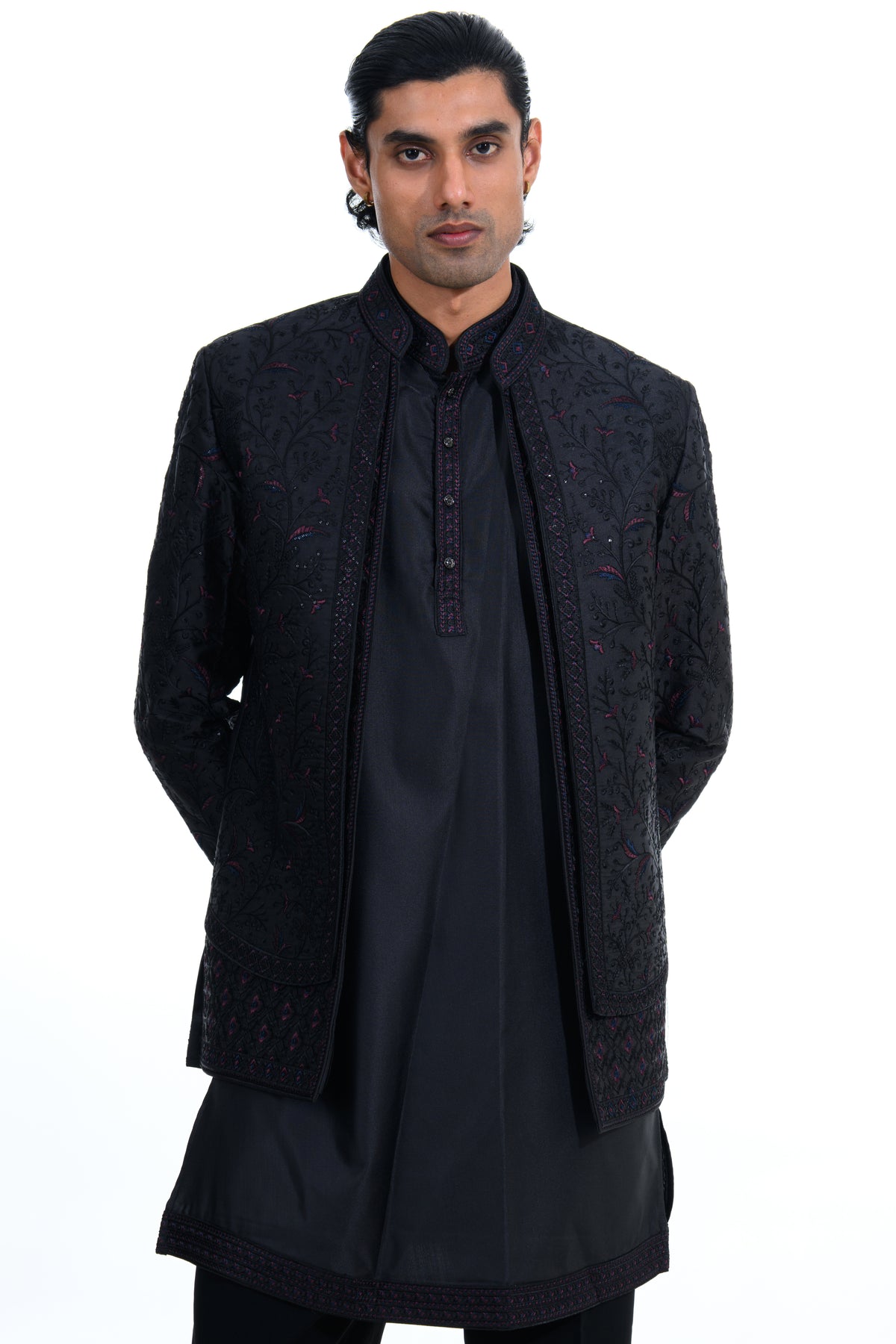Noir Tonal Embroidered Short Indo Jacket Set
