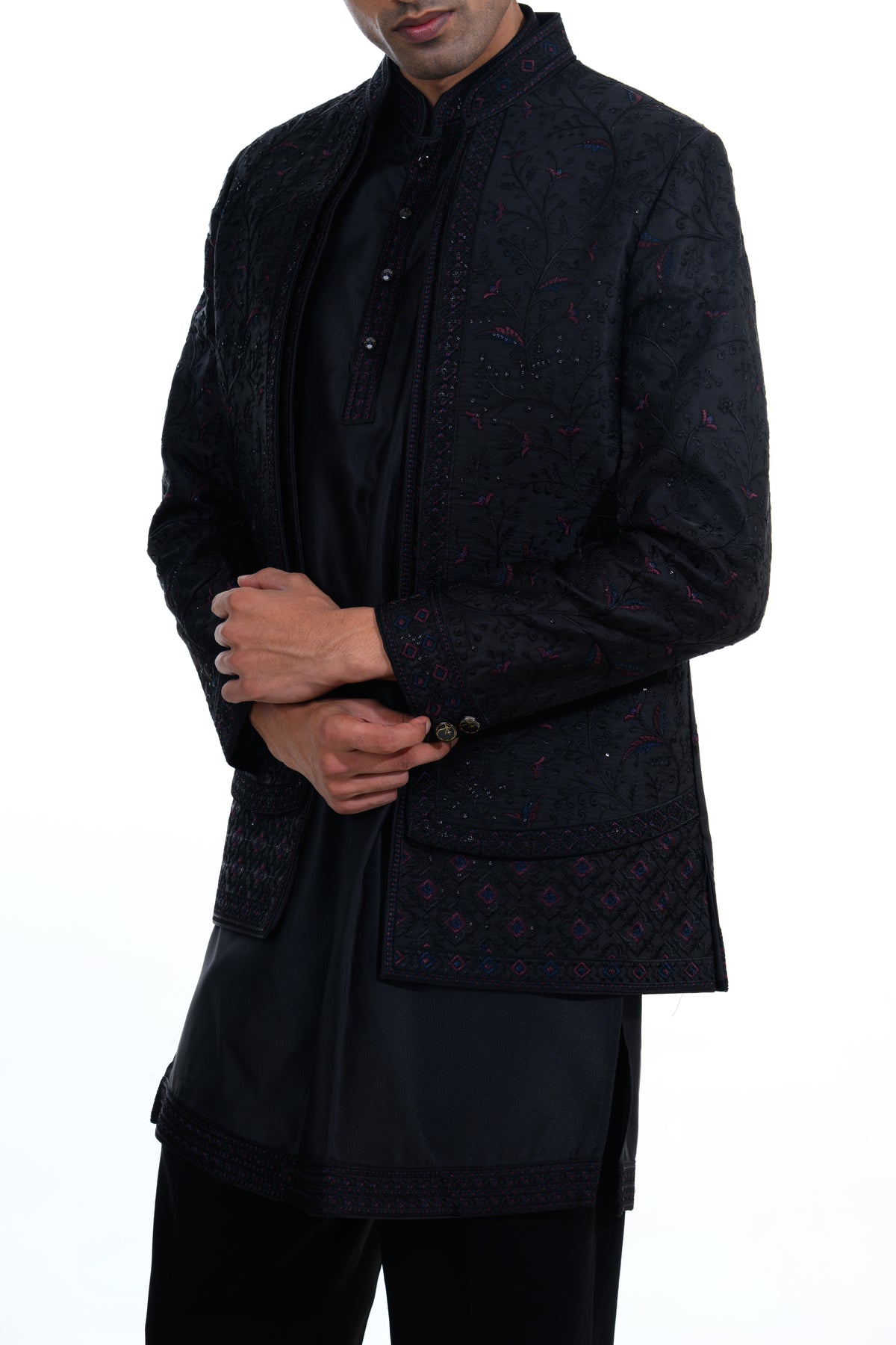 Noir Tonal Embroidered Short Indo Jacket Set