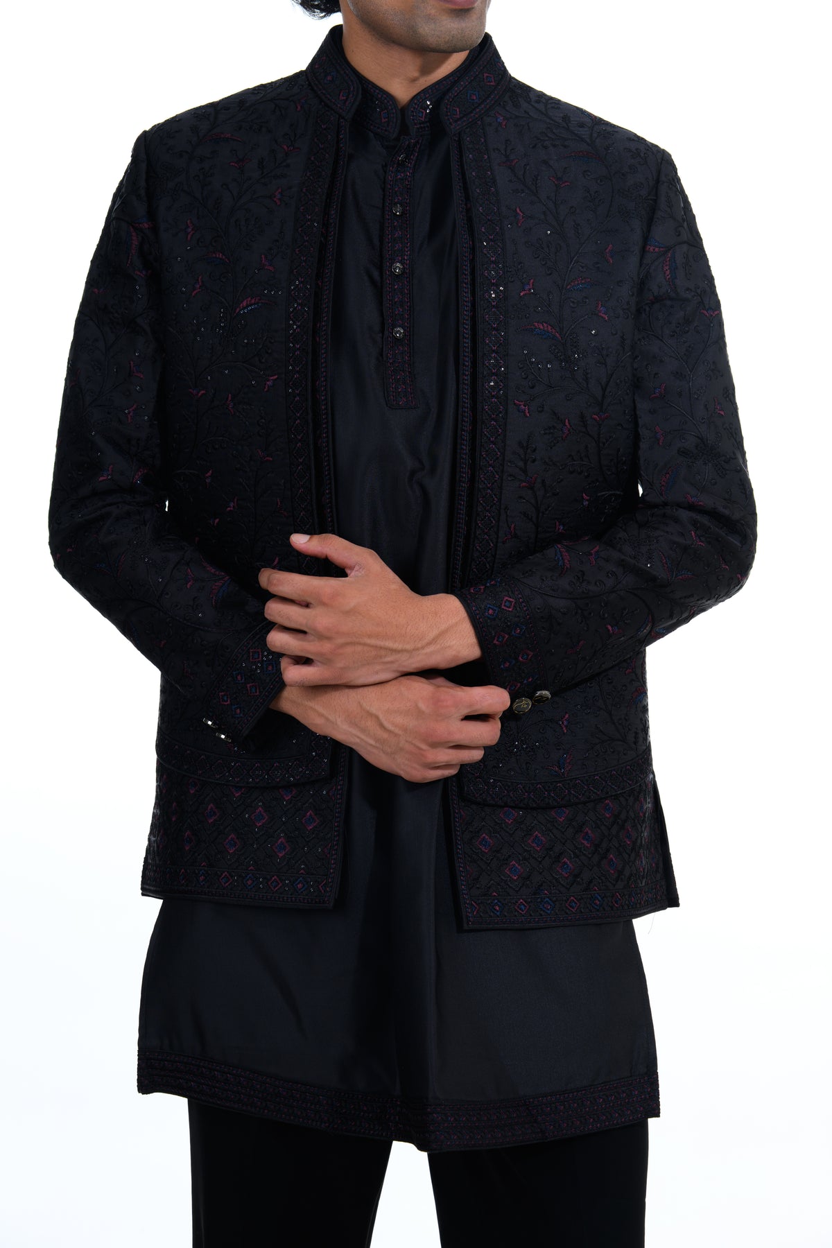 Noir Tonal Embroidered Short Indo Jacket Set
