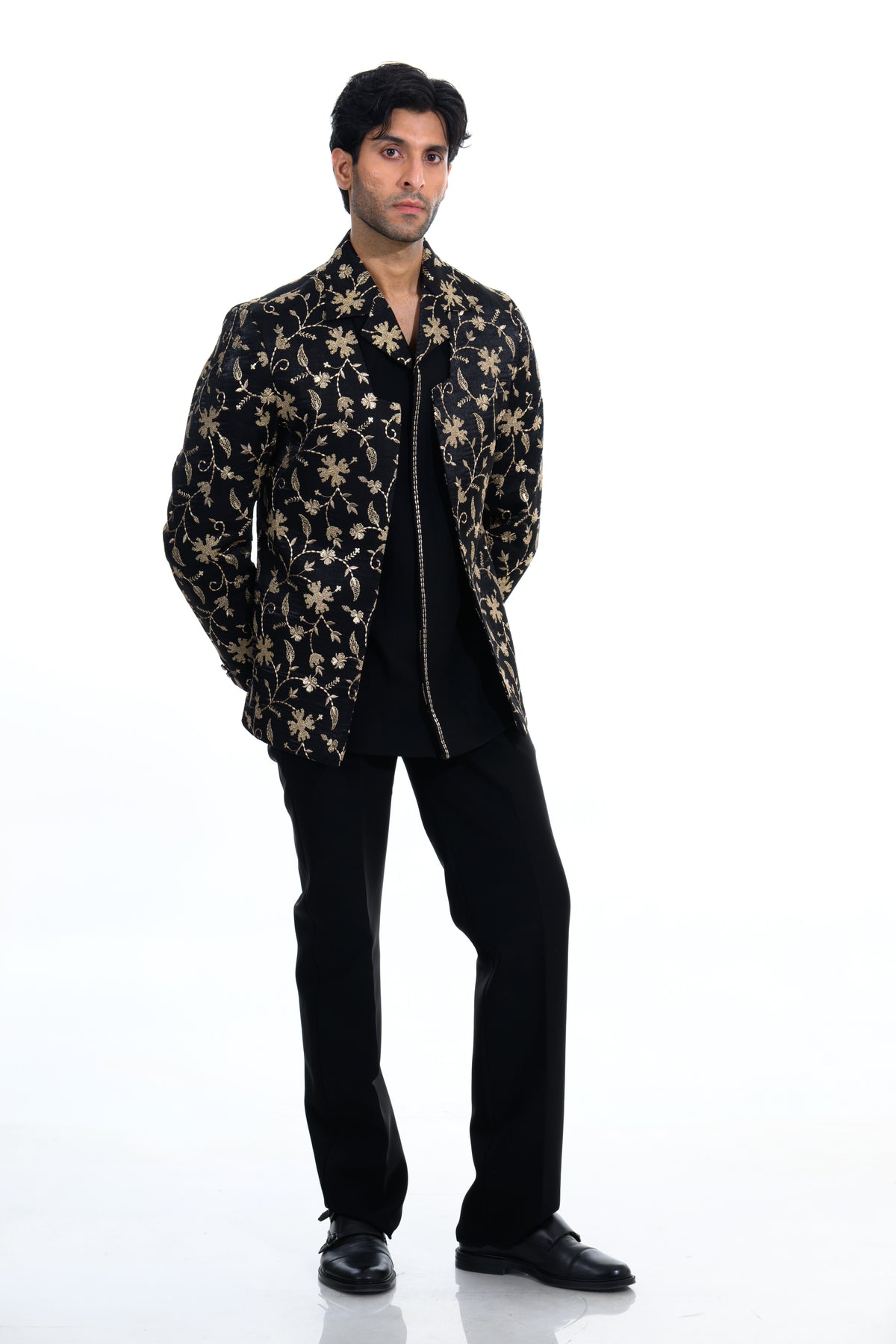 Midnight Black Floral Embroidered Indo Western Set