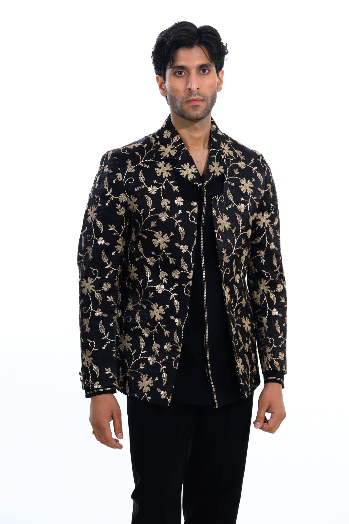 Midnight Black Floral Embroidered Indo Western Set
