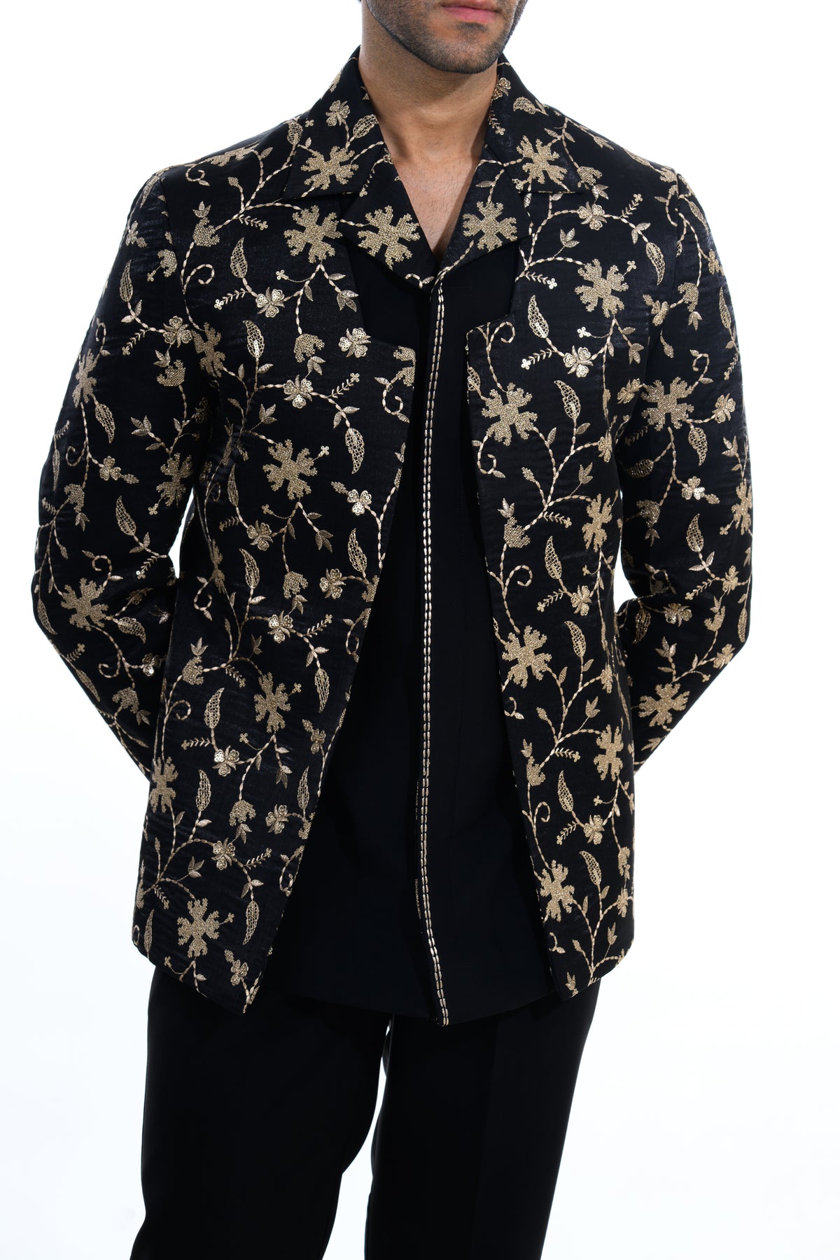 Midnight Black Floral Embroidered Indo Western Set