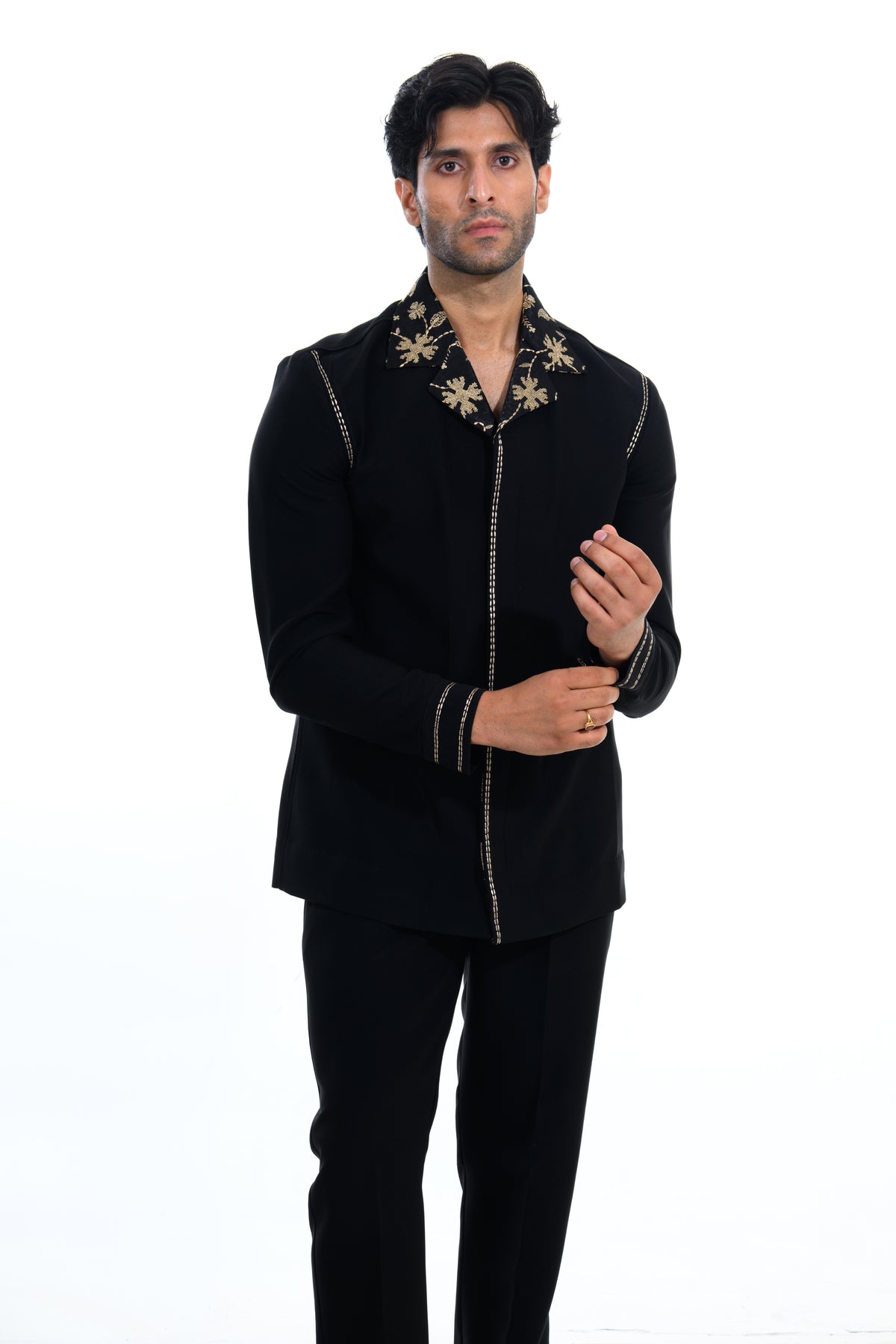 Midnight Black Floral Embroidered Indo Western Set