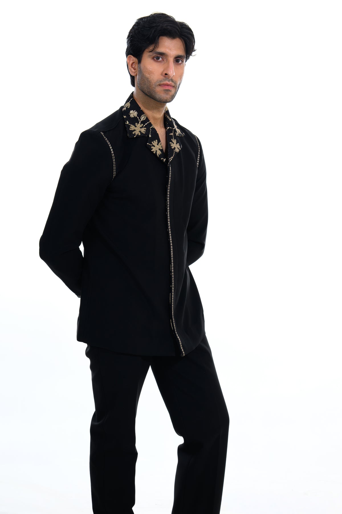 Midnight Black Floral Embroidered Indo Western Set