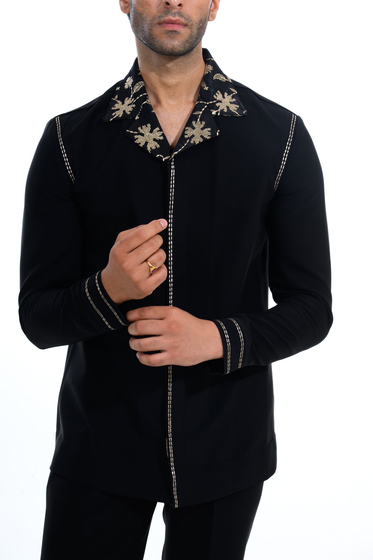 Midnight Black Floral Embroidered Indo Western Set