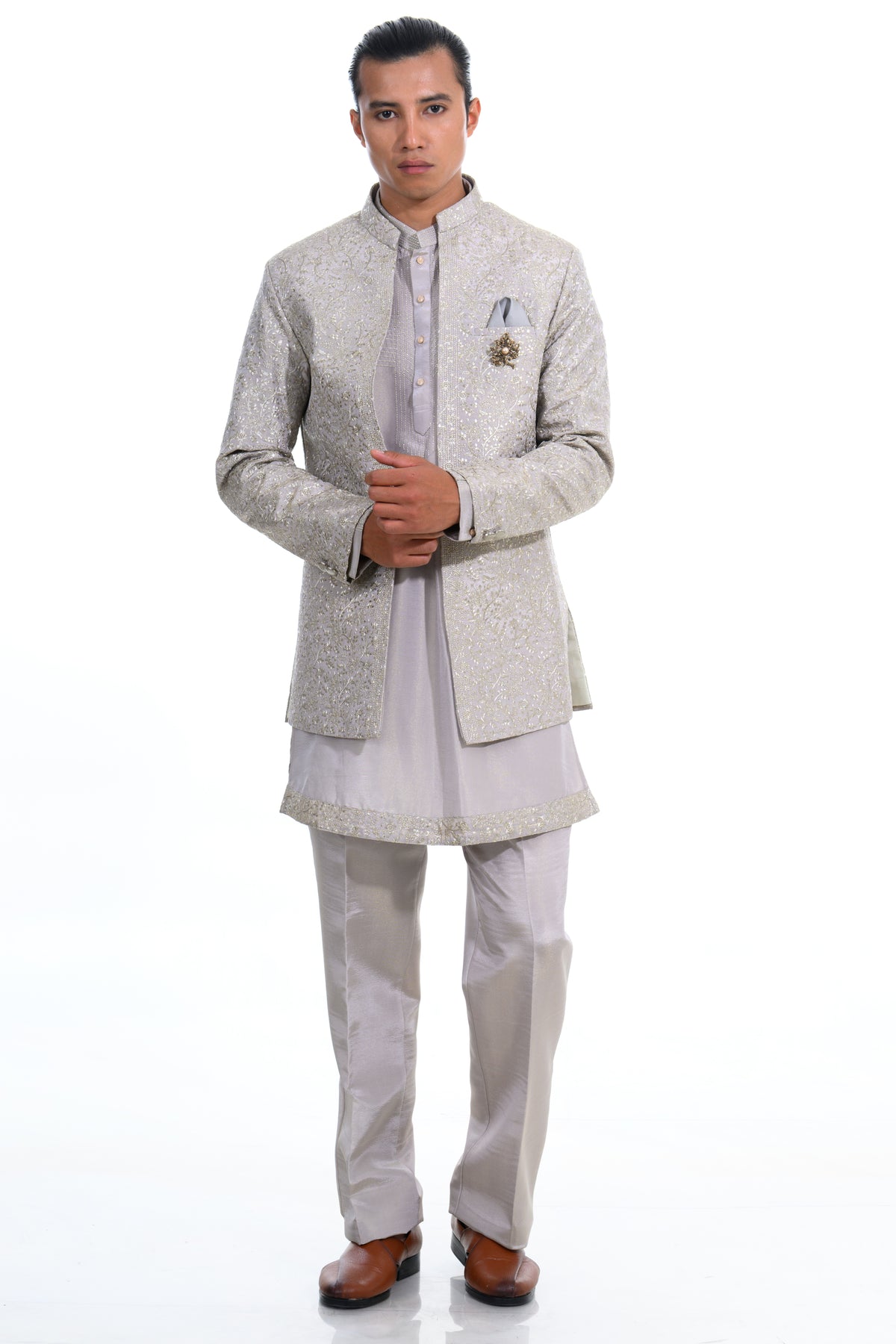 grey Embroidered Indo-Western Jacket Set