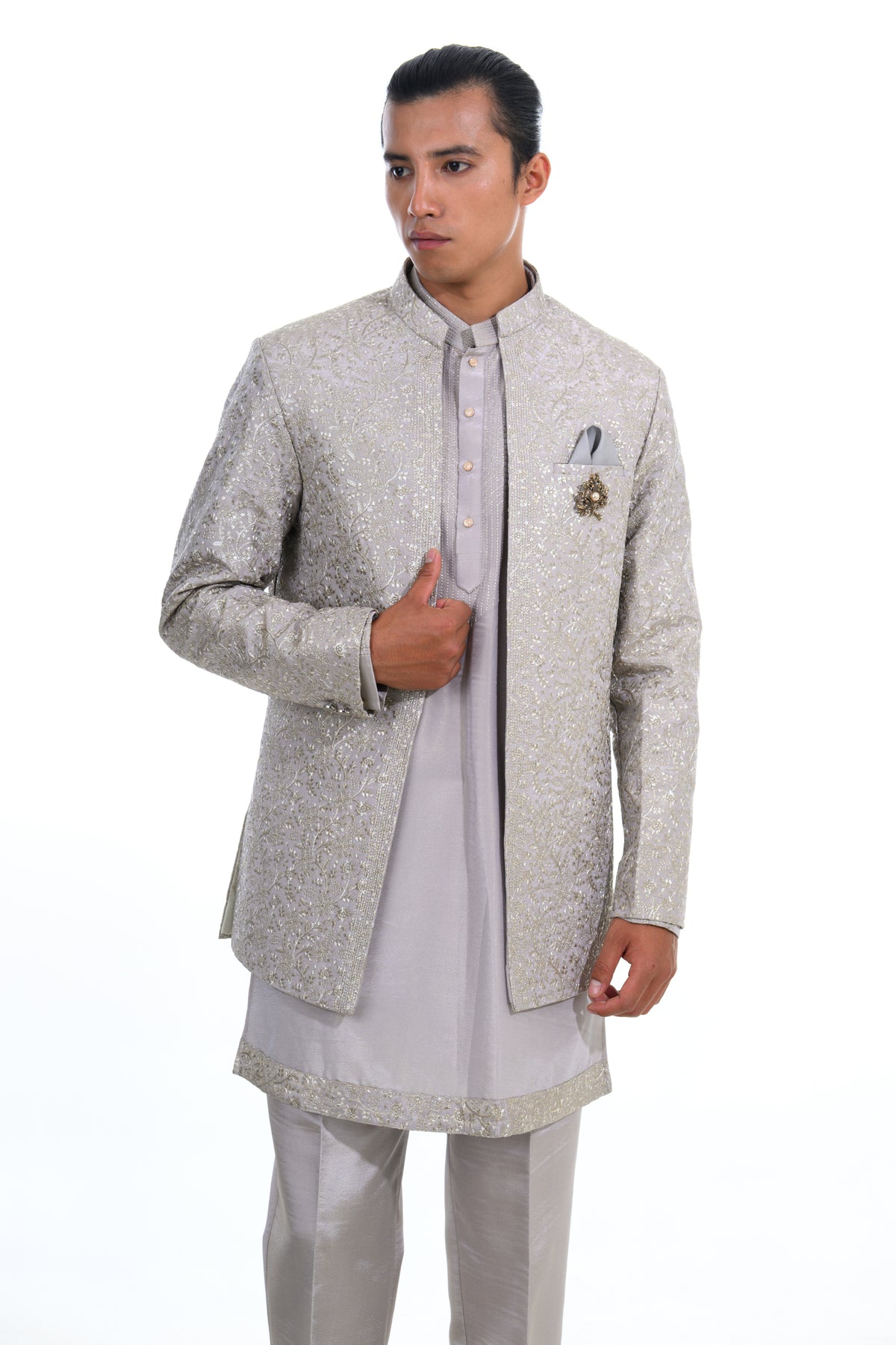 grey Embroidered Indo-Western Jacket Set