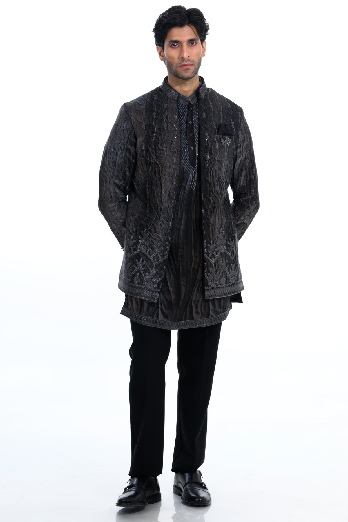 Black Embroidered Indo Western Set